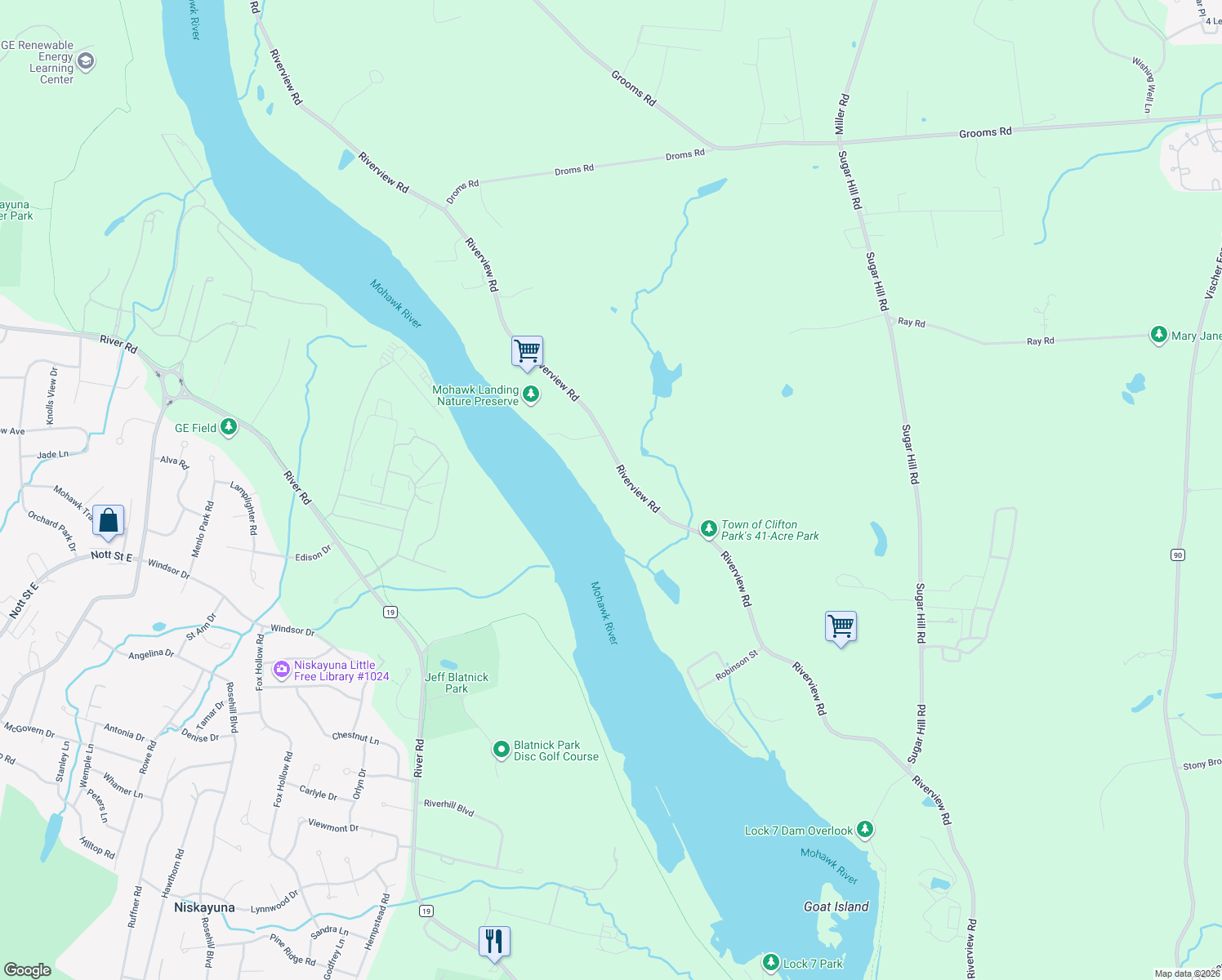 map of restaurants, bars, coffee shops, grocery stores, and more near 612 Riverview Road in Rexford