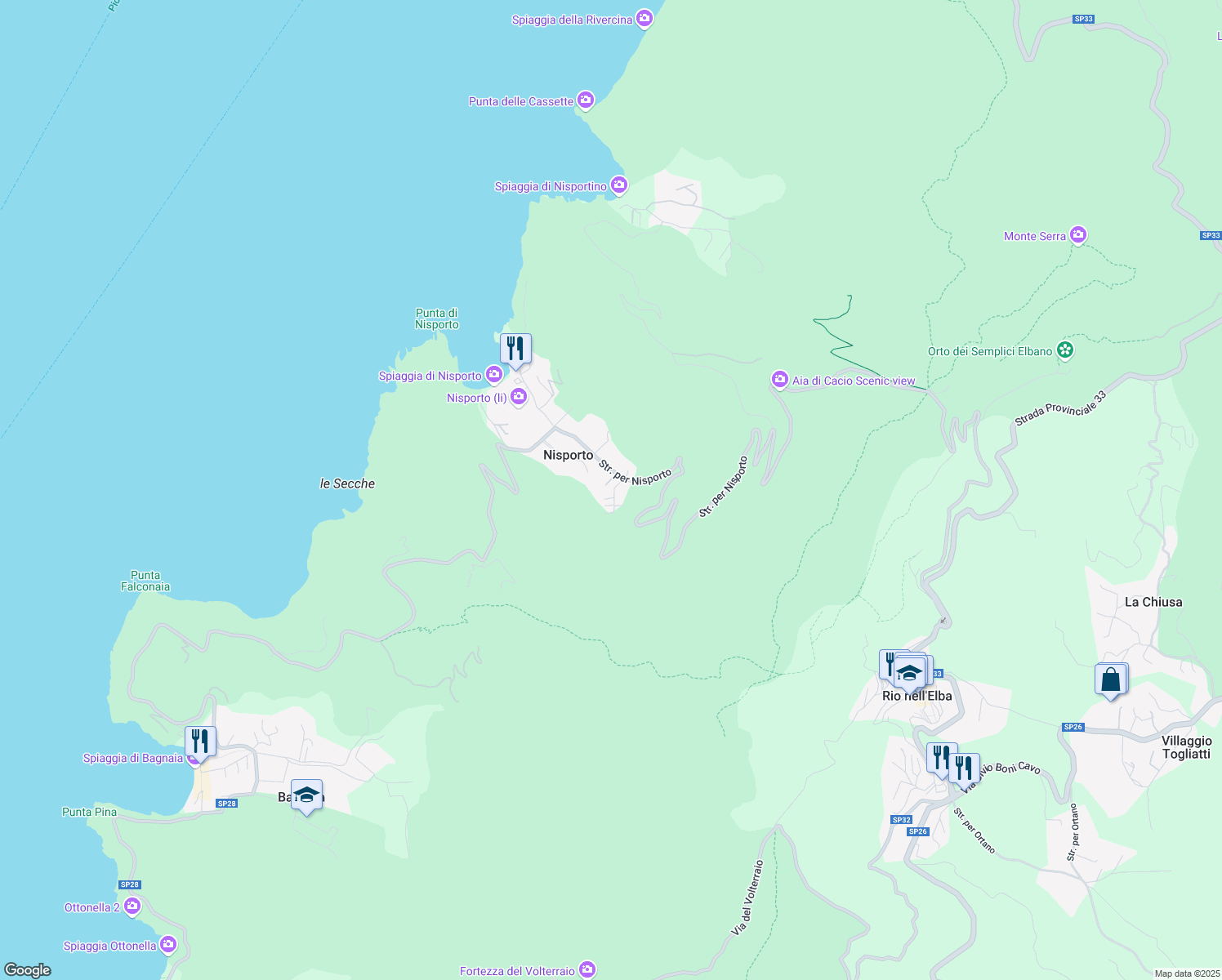 map of restaurants, bars, coffee shops, grocery stores, and more near 35 Strada per Nisporto in Nisporto
