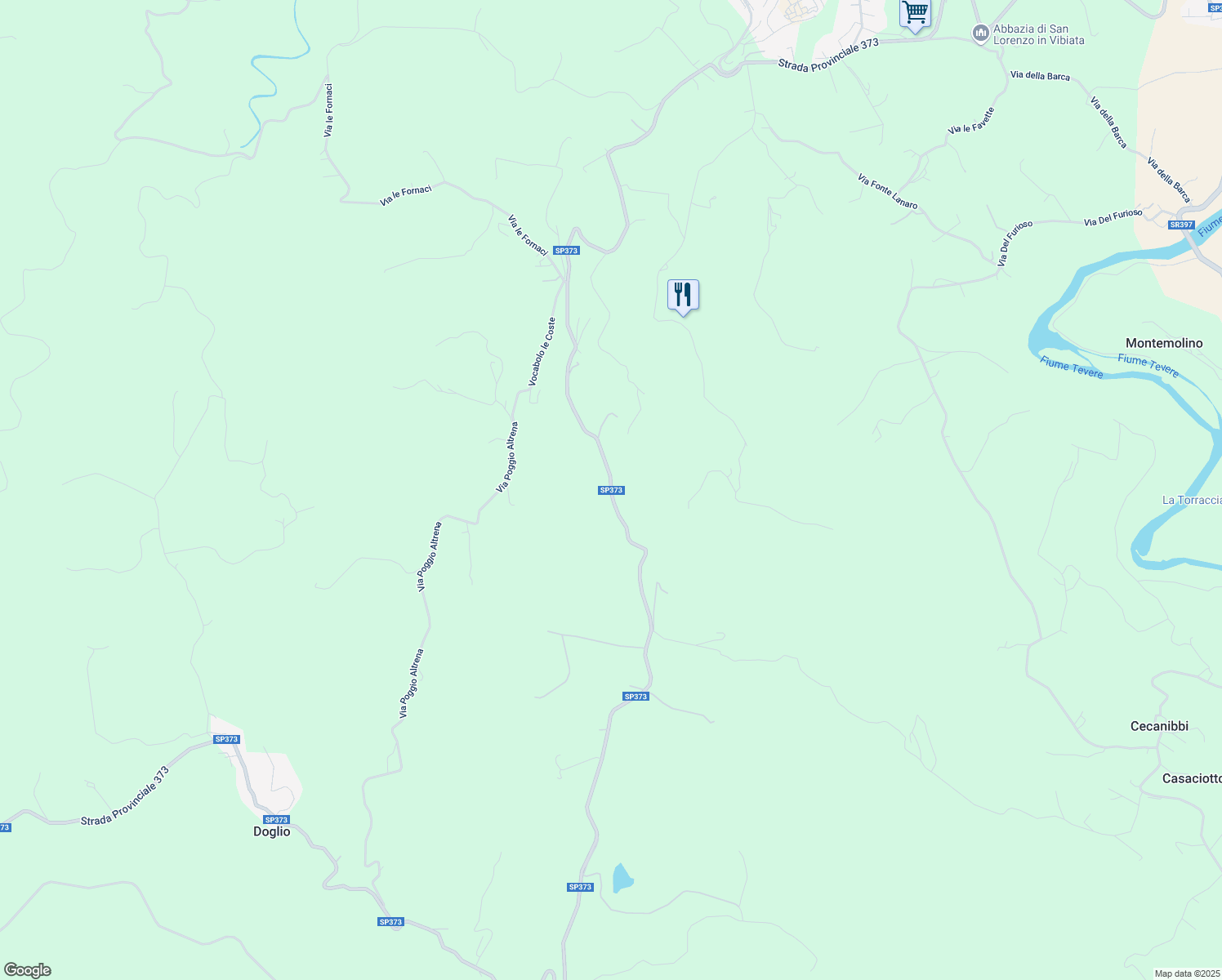 map of restaurants, bars, coffee shops, grocery stores, and more near 111 Via del Poggio in Provincia di Perugia
