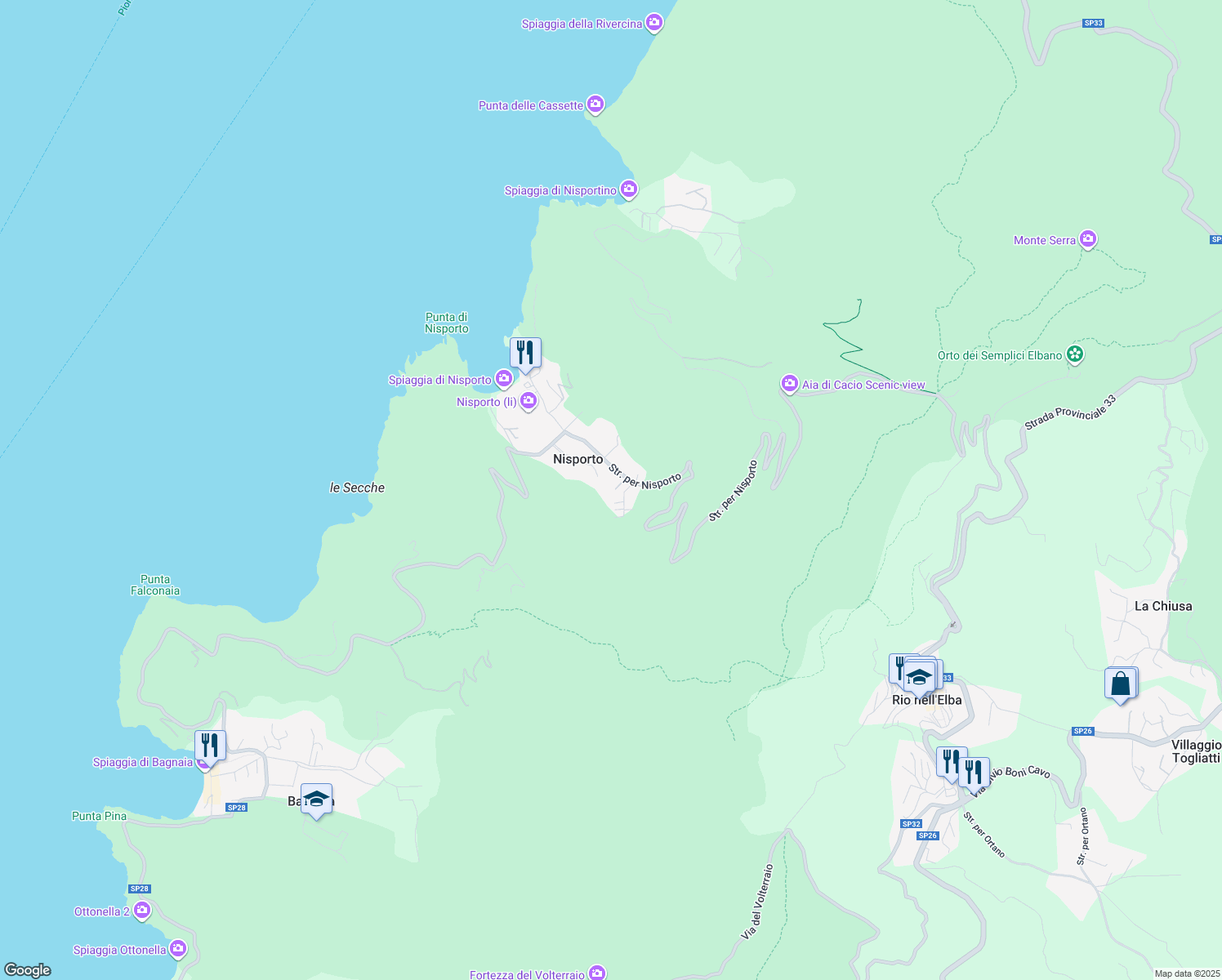 map of restaurants, bars, coffee shops, grocery stores, and more near 35 Strada per Nisporto in Nisporto