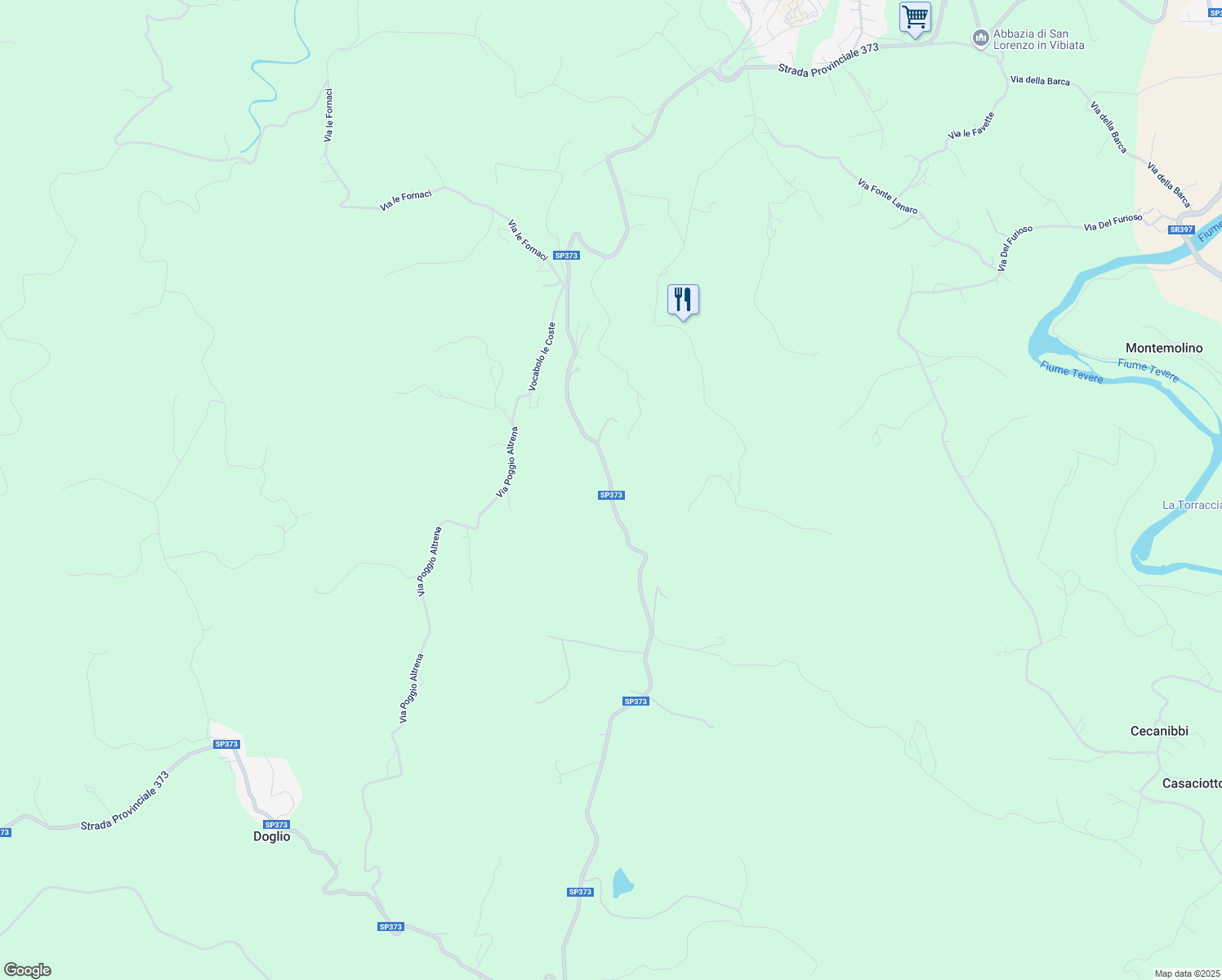 map of restaurants, bars, coffee shops, grocery stores, and more near 111 Via del Poggio in Provincia di Perugia