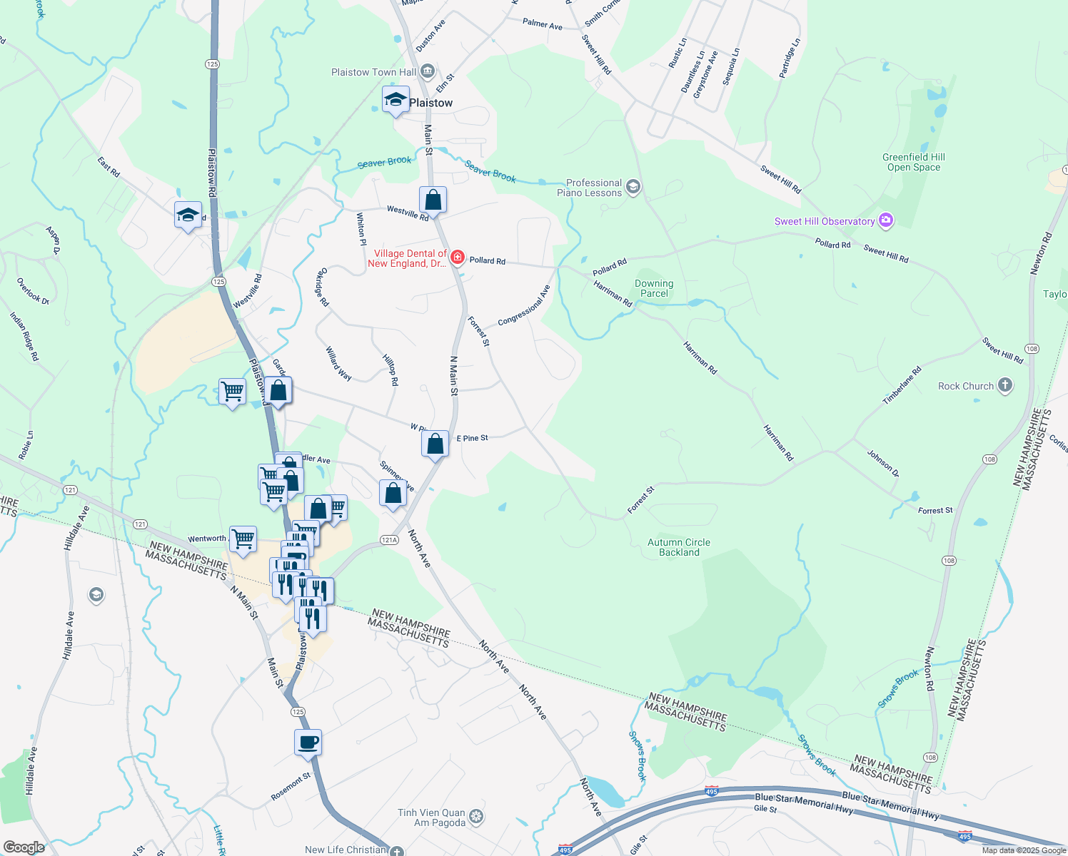 map of restaurants, bars, coffee shops, grocery stores, and more near 3 Buttonwood Farm Road in Plaistow