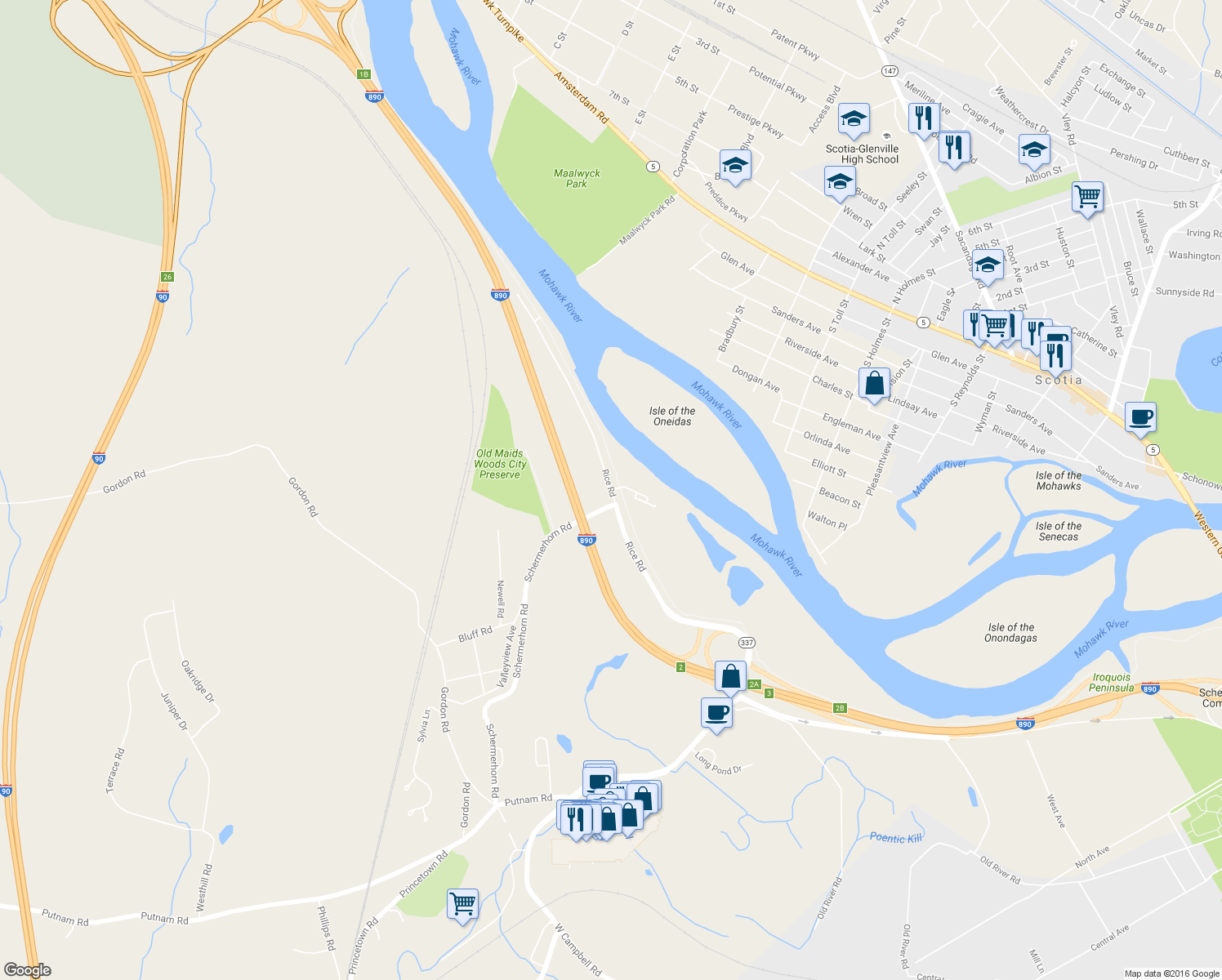 map of restaurants, bars, coffee shops, grocery stores, and more near Rice Road in Schenectady