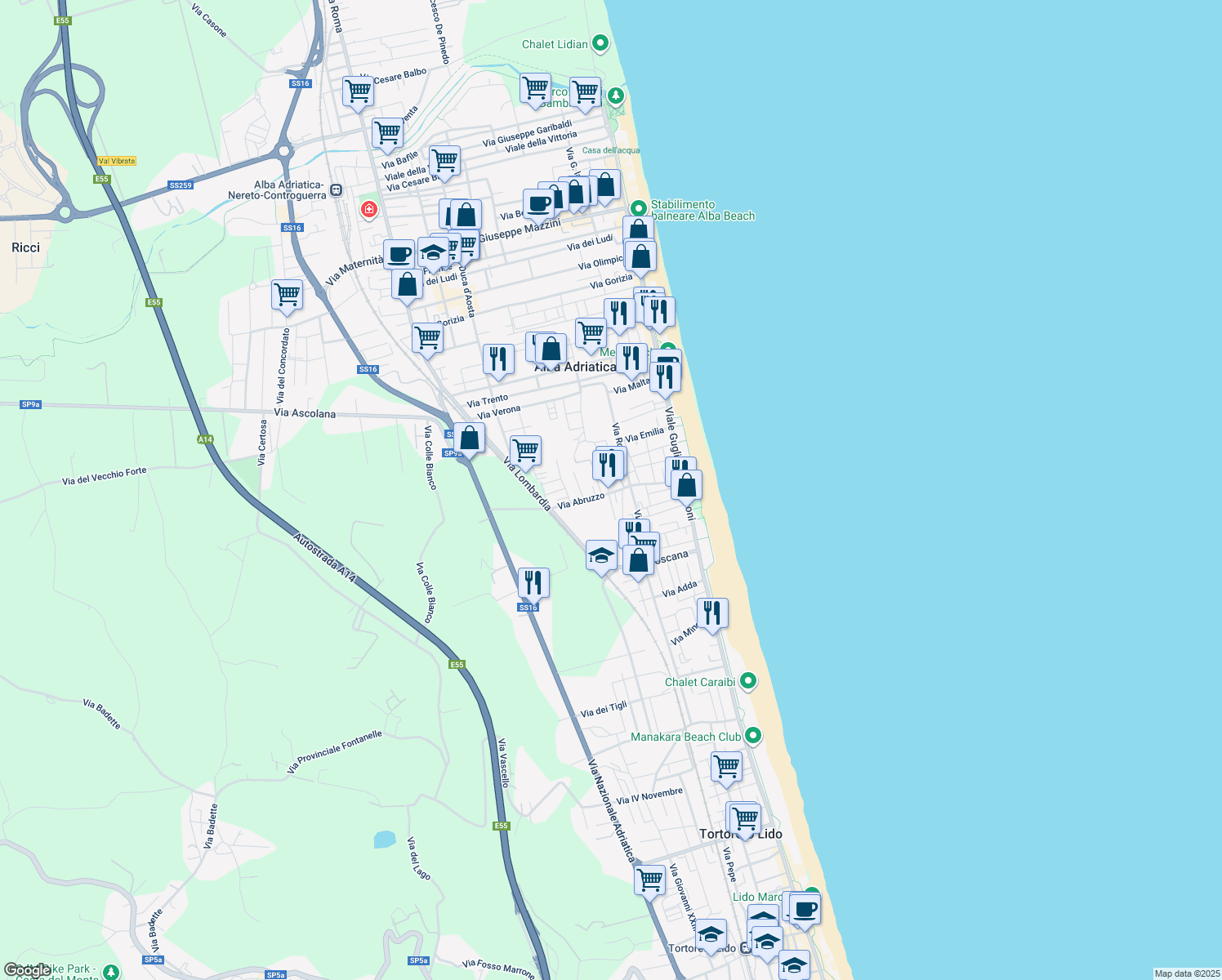 map of restaurants, bars, coffee shops, grocery stores, and more near 66 Via Abruzzo in Alba Adriatica
