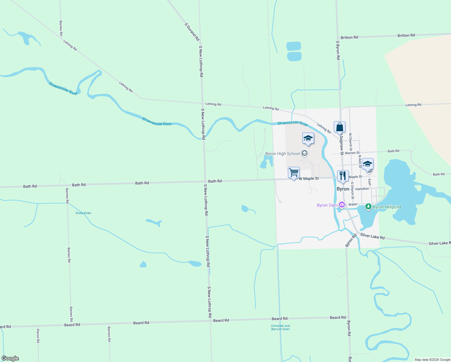 map of restaurants, bars, coffee shops, grocery stores, and more near 10147 Bath Rd in Byron