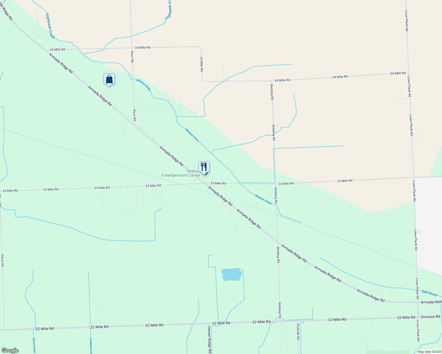 map of restaurants, bars, coffee shops, grocery stores, and more near 31249 33 Mile Road in Richmond