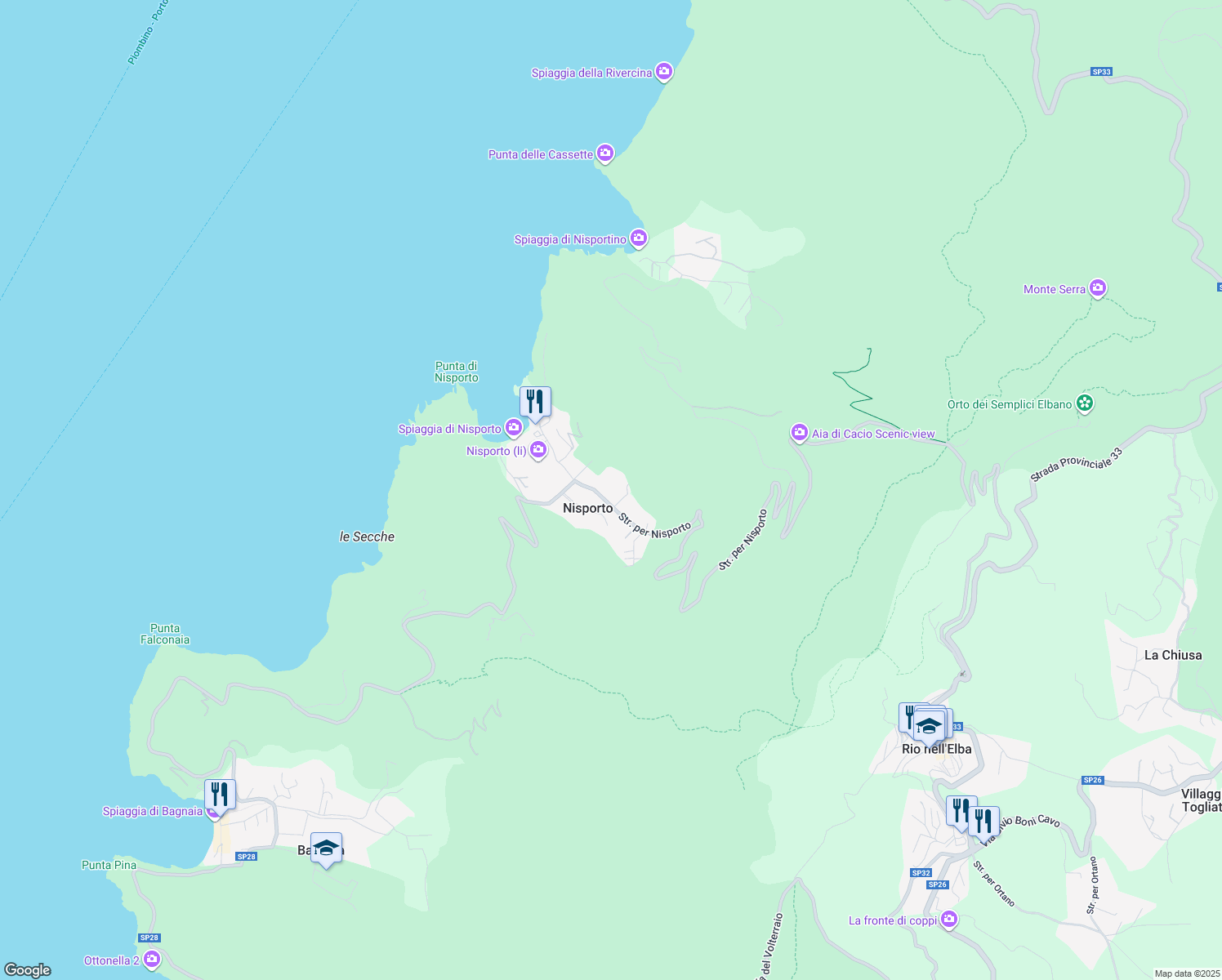 map of restaurants, bars, coffee shops, grocery stores, and more near 72 Strada per Nisporto in Nisporto