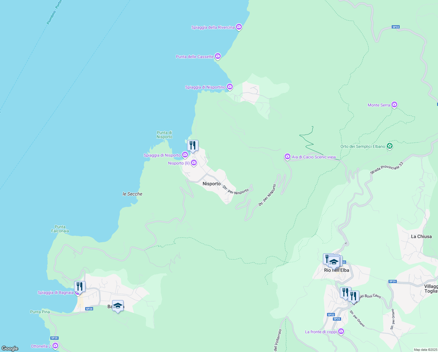 map of restaurants, bars, coffee shops, grocery stores, and more near 72 Strada per Nisporto in Nisporto