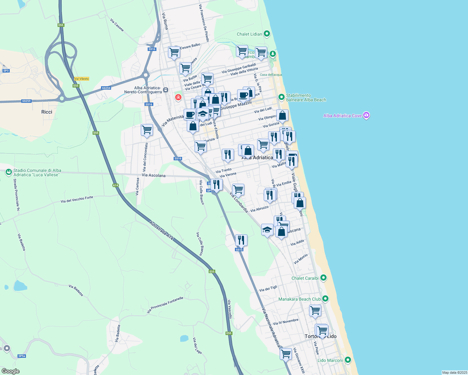 map of restaurants, bars, coffee shops, grocery stores, and more near 15 Via Ercole Falò in Alba Adriatica