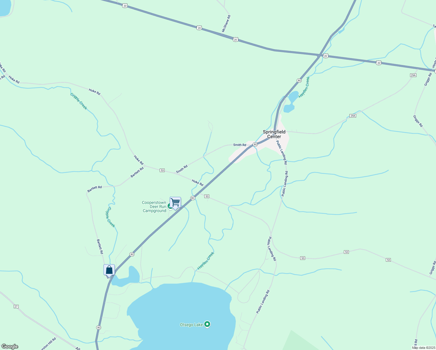 map of restaurants, bars, coffee shops, grocery stores, and more near 7653 Highway 80 in Cooperstown
