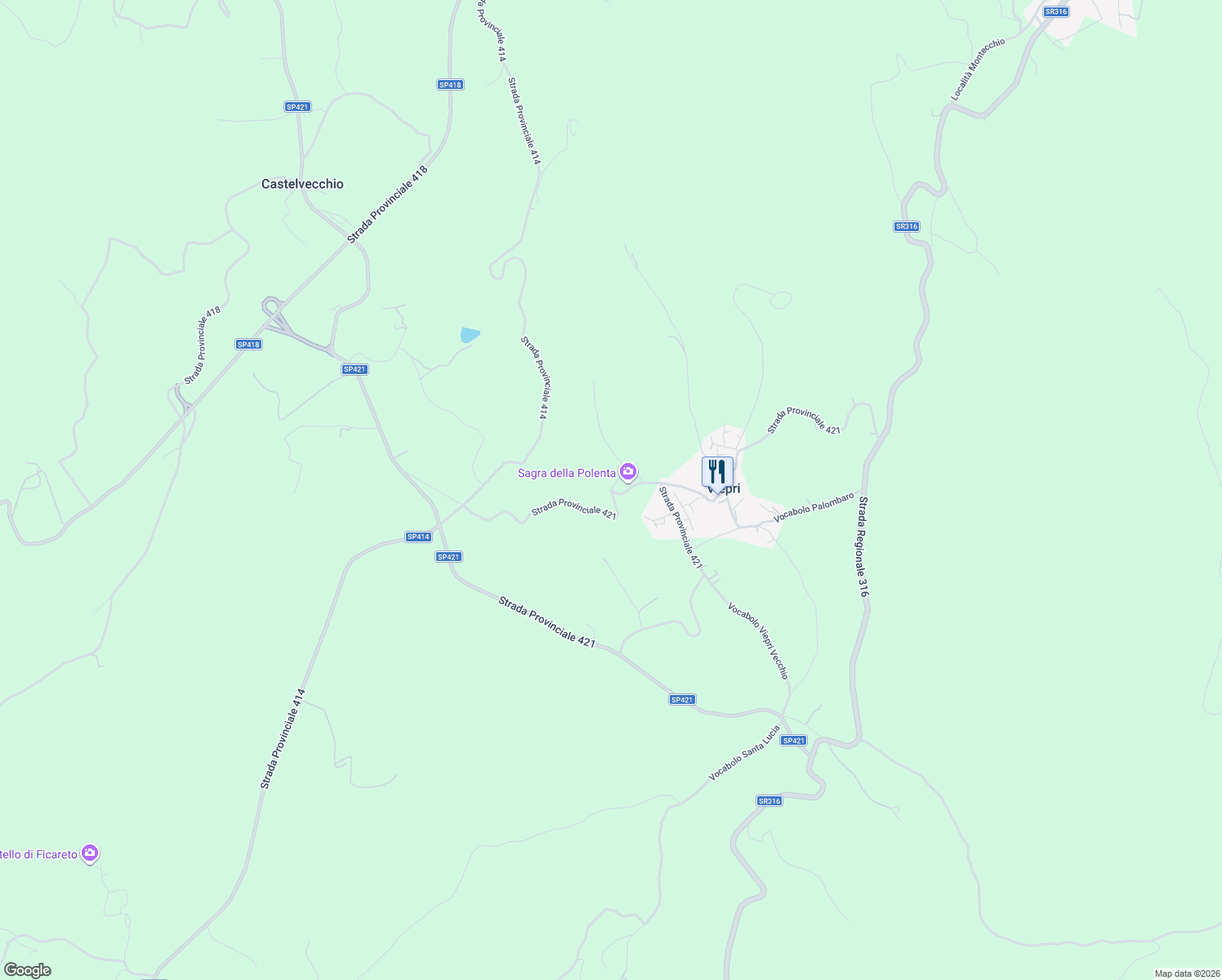 map of restaurants, bars, coffee shops, grocery stores, and more near 88 Strada Provinciale 421 in Provincia di Perugia