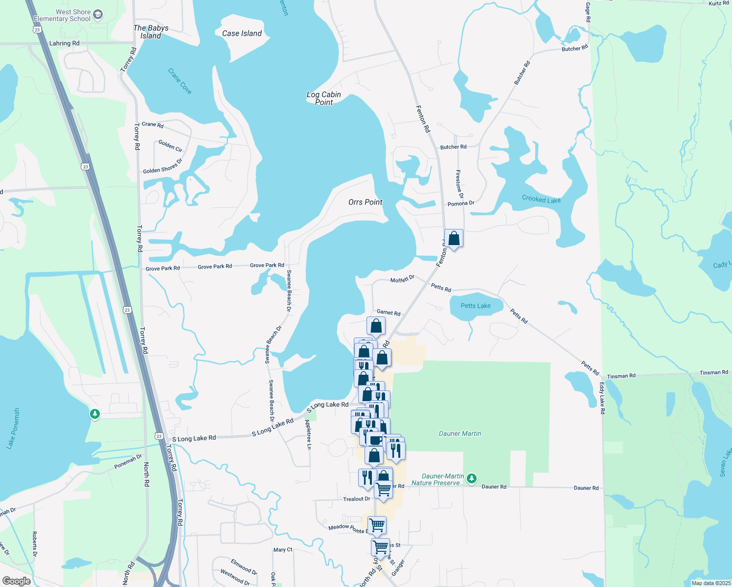 map of restaurants, bars, coffee shops, grocery stores, and more near 14174 Moffett Drive in Fenton