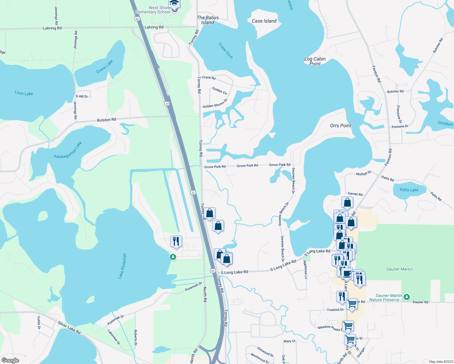 map of restaurants, bars, coffee shops, grocery stores, and more near 14066 Woodview Drive in Fenton