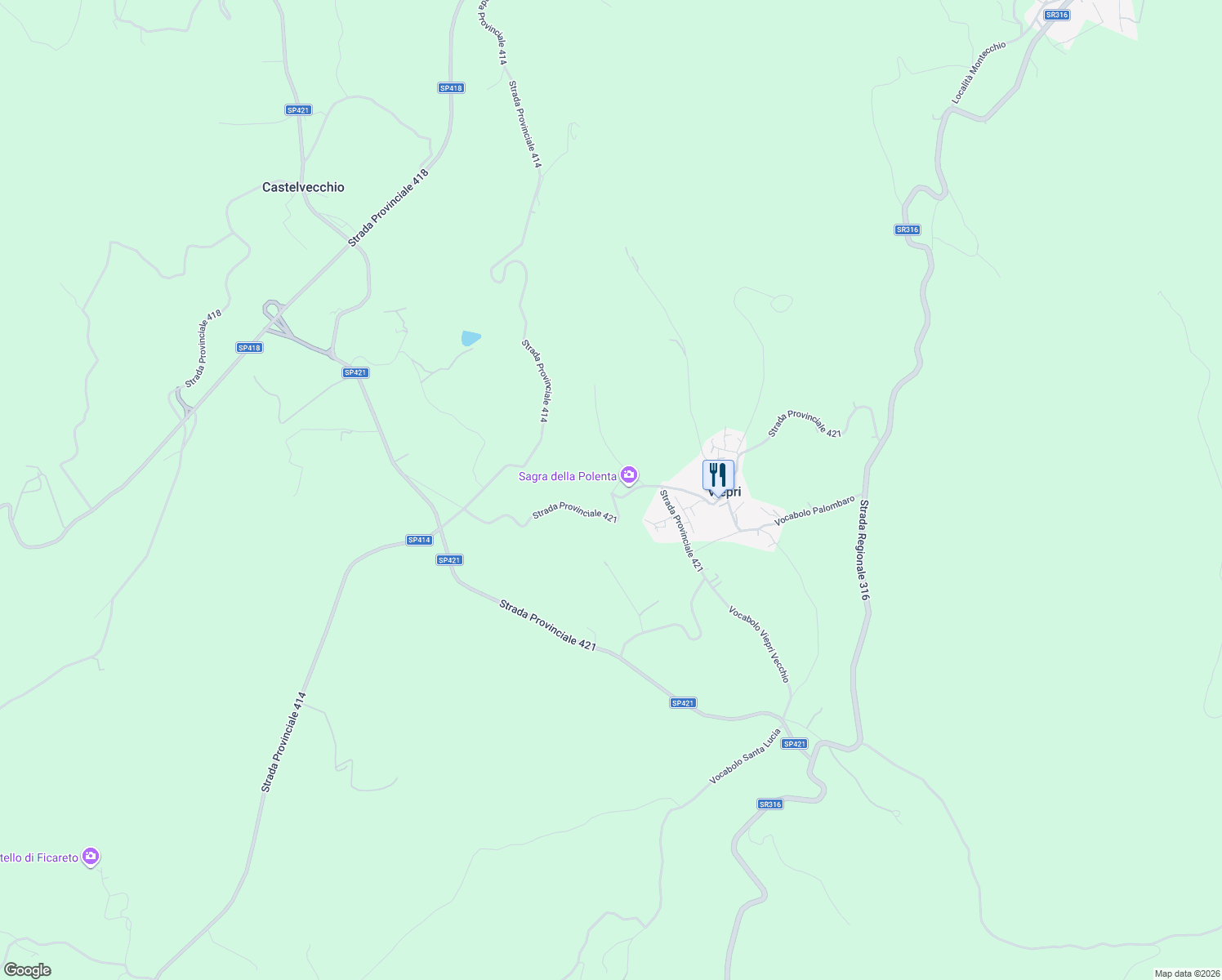 map of restaurants, bars, coffee shops, grocery stores, and more near 88 SP421 in Provincia di Perugia
