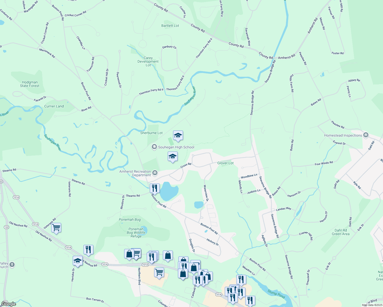 map of restaurants, bars, coffee shops, grocery stores, and more near 24 Cross Road in Amherst