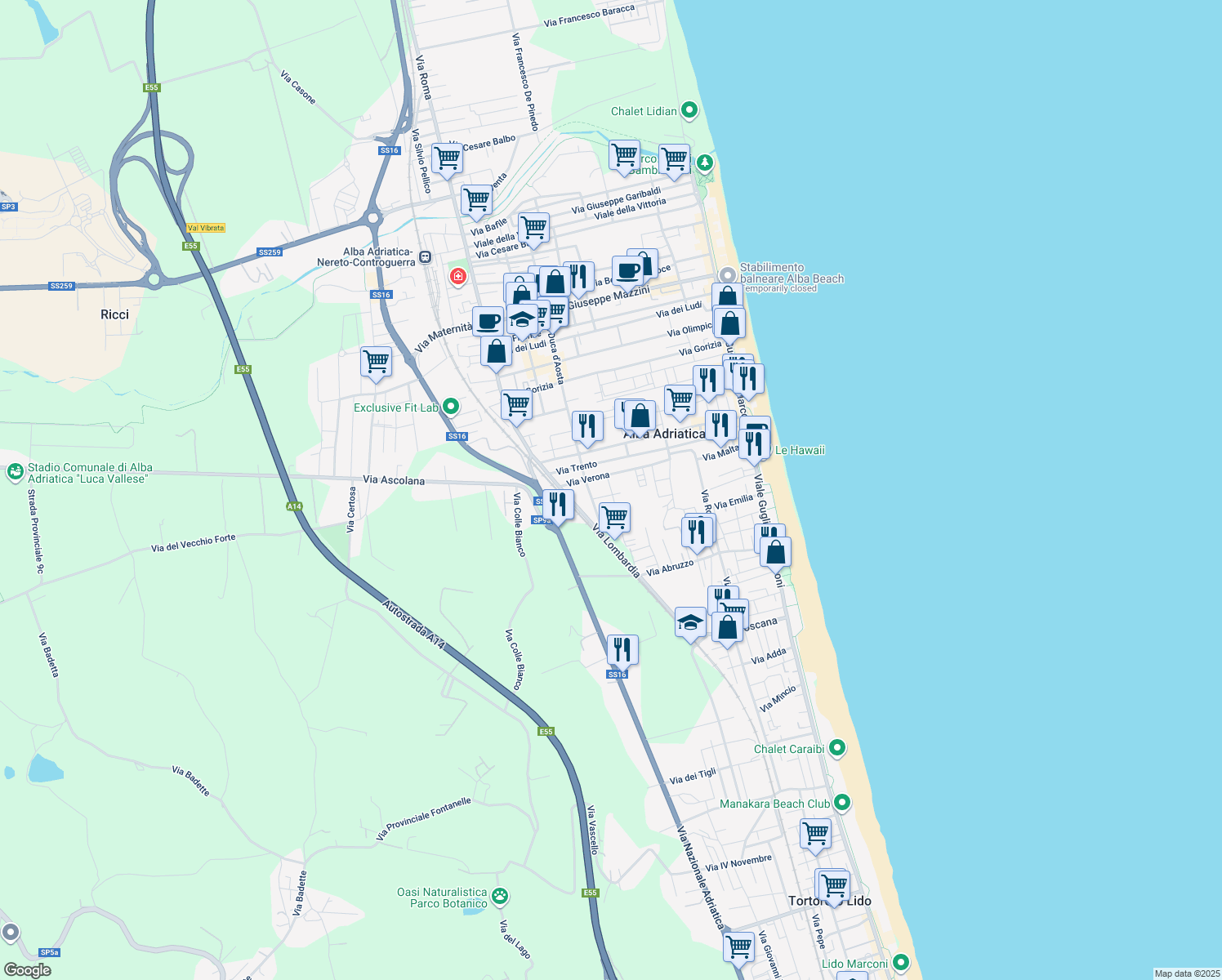 map of restaurants, bars, coffee shops, grocery stores, and more near 15 Via Ercole Falò in Alba Adriatica