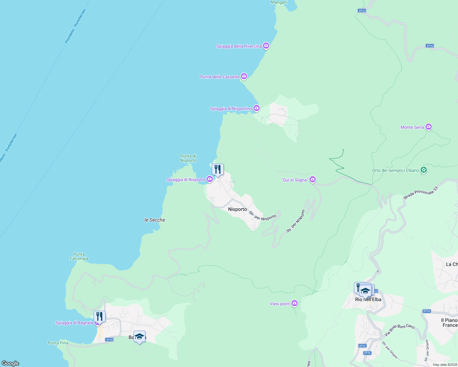 map of restaurants, bars, coffee shops, grocery stores, and more near 116 Strada per Nisporto in Nisporto