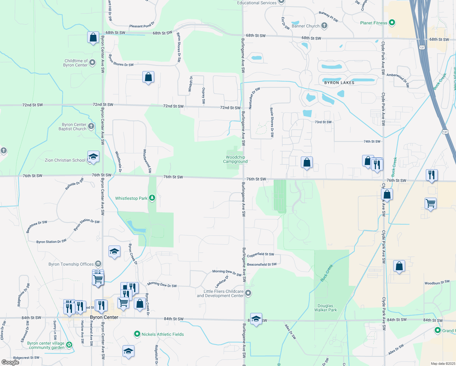 map of restaurants, bars, coffee shops, grocery stores, and more near 1690 76th Street Southwest in Byron Center