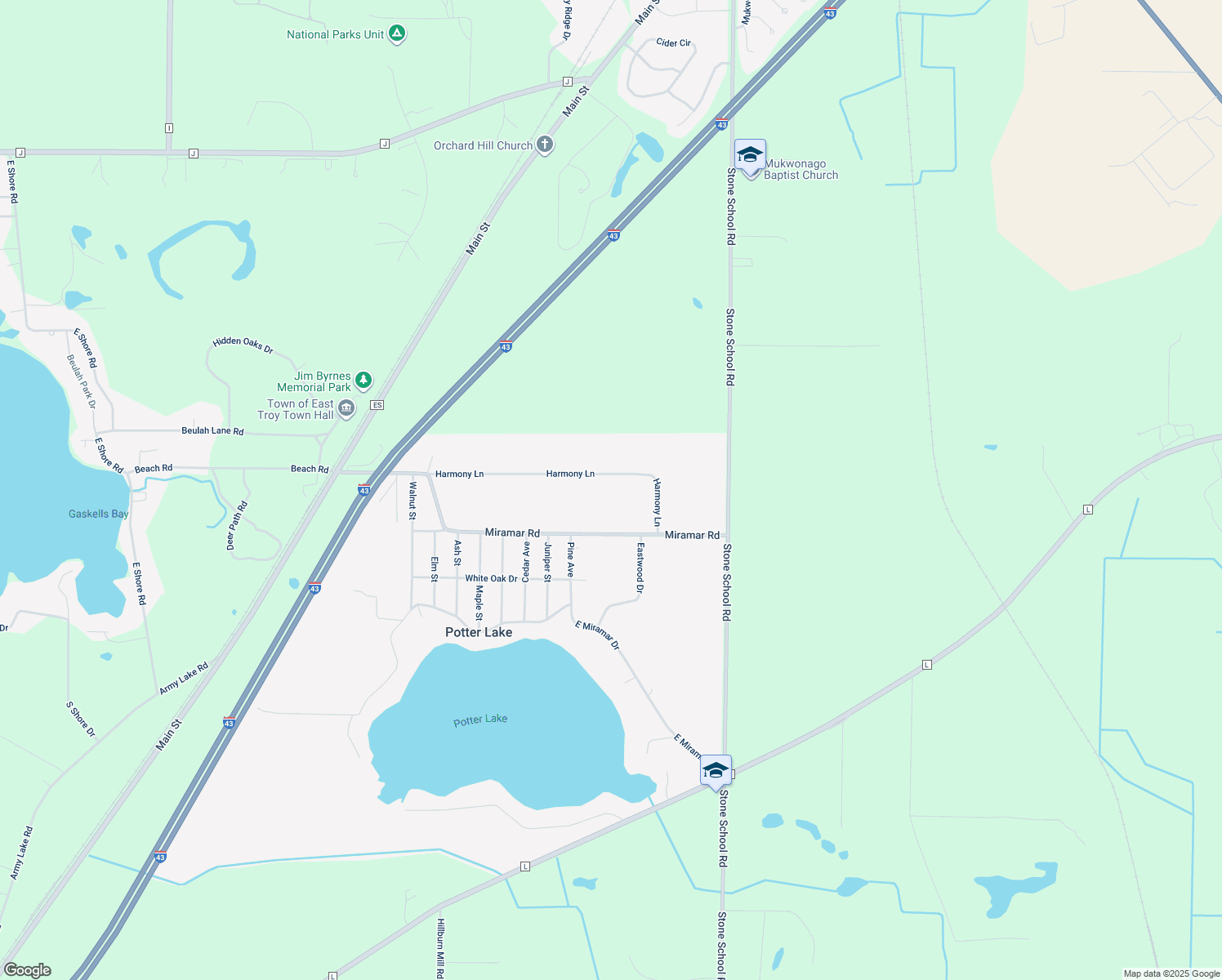 map of restaurants, bars, coffee shops, grocery stores, and more near W801 Harmony Ln in East Troy