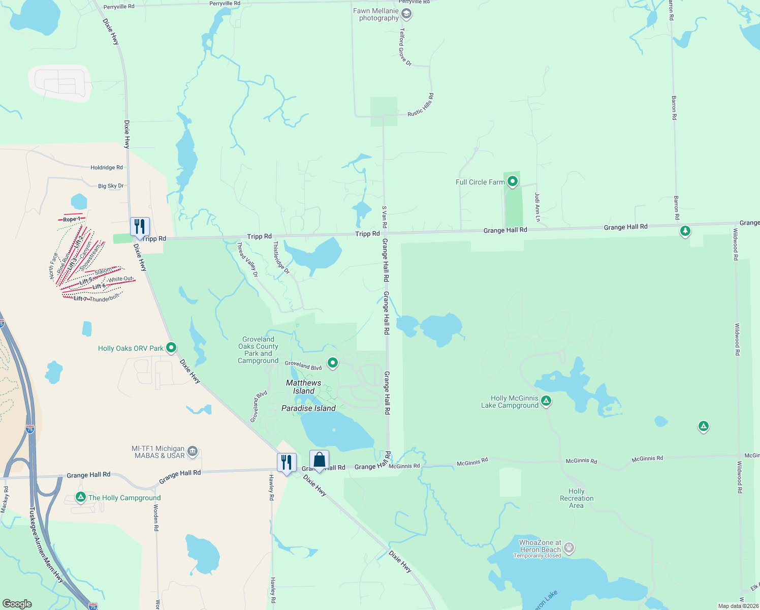 map of restaurants, bars, coffee shops, grocery stores, and more near 5890 Grange Hall Road in Holly