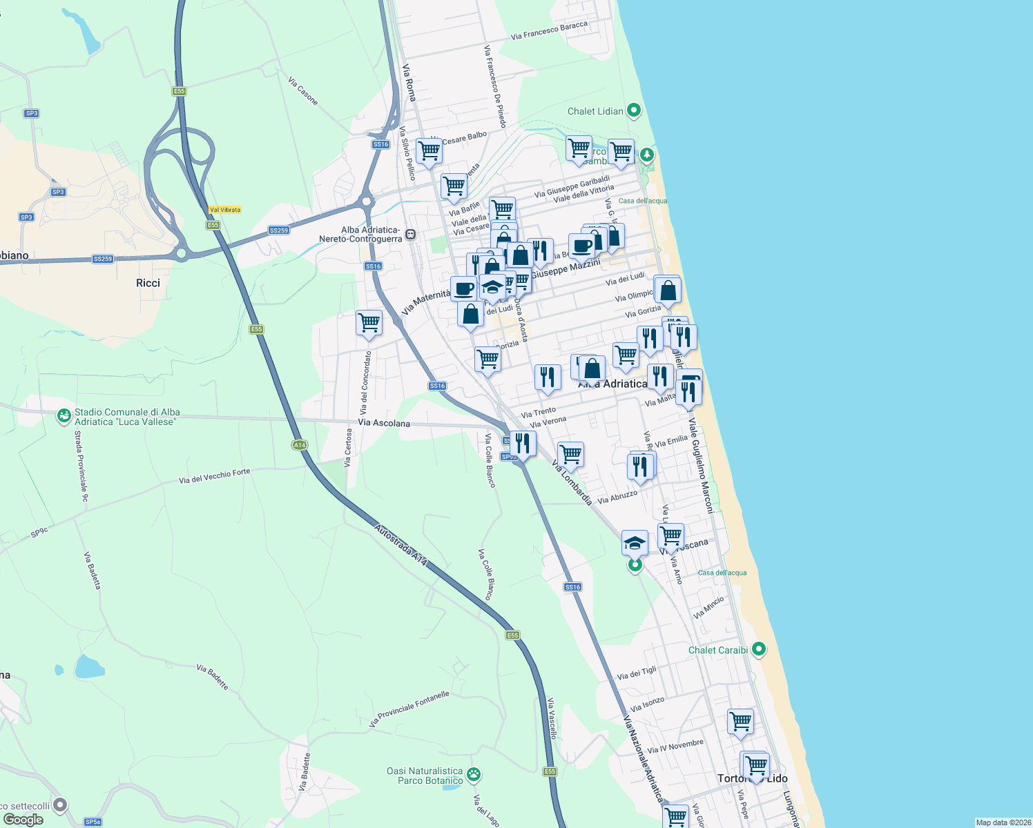 map of restaurants, bars, coffee shops, grocery stores, and more near 109 Via Trieste in Alba Adriatica
