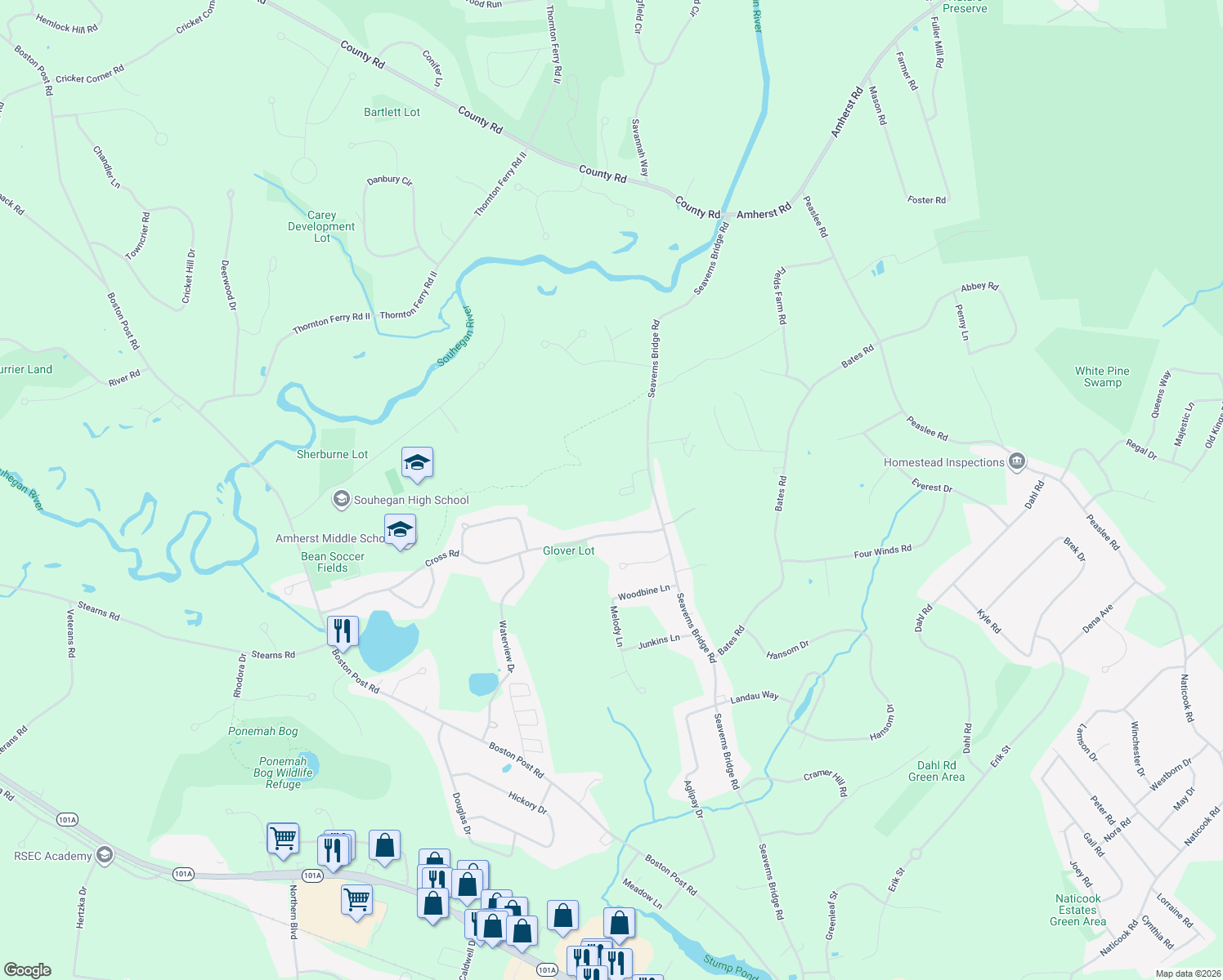 map of restaurants, bars, coffee shops, grocery stores, and more near 5 Elizabeth Court in Amherst