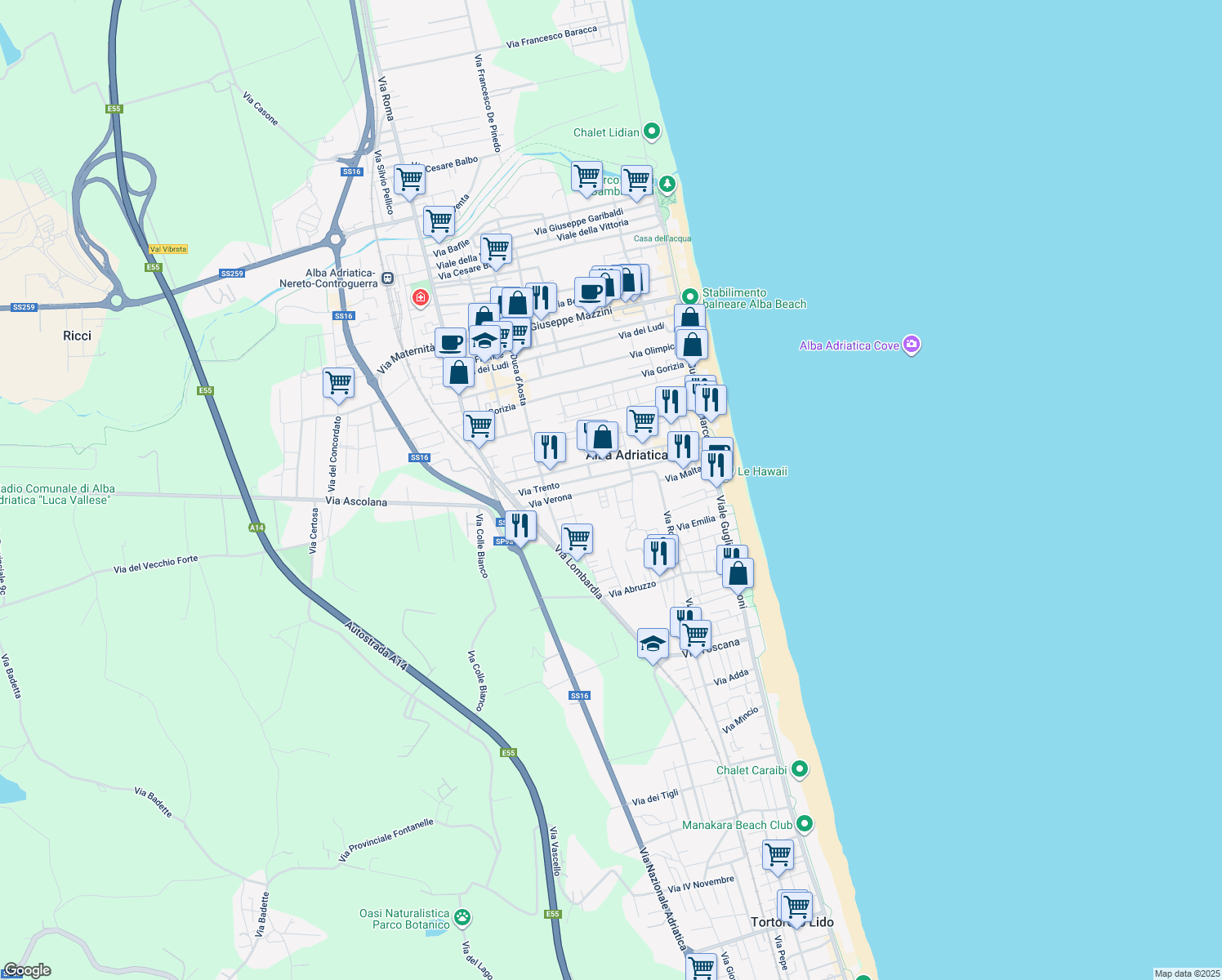map of restaurants, bars, coffee shops, grocery stores, and more near in Alba Adriatica