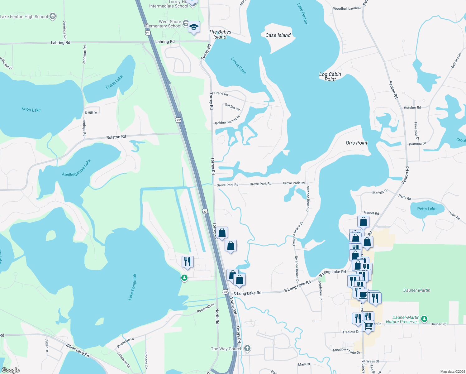map of restaurants, bars, coffee shops, grocery stores, and more near 2457 Grove Park Road in Fenton