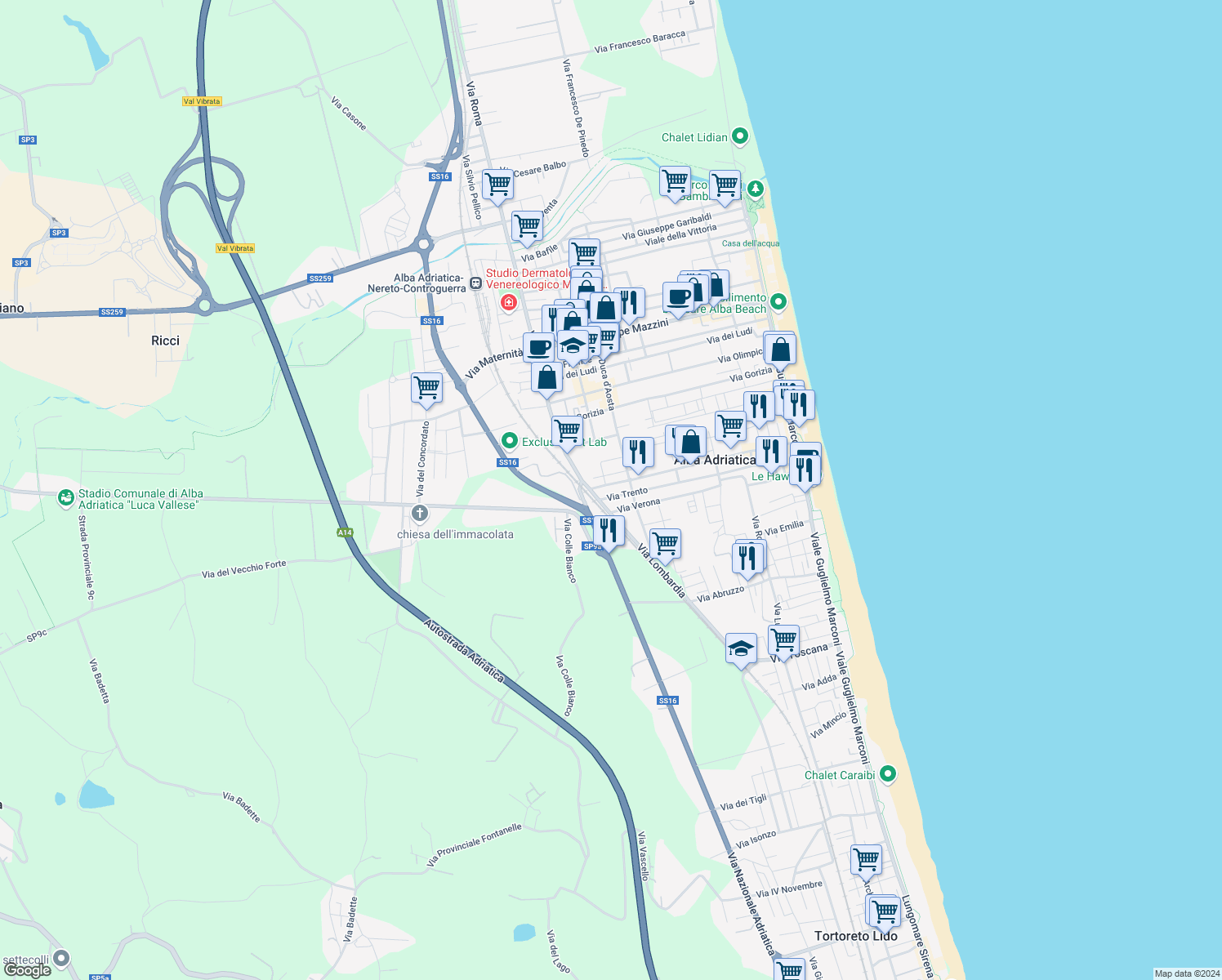 map of restaurants, bars, coffee shops, grocery stores, and more near 109 Via Trieste in Alba Adriatica