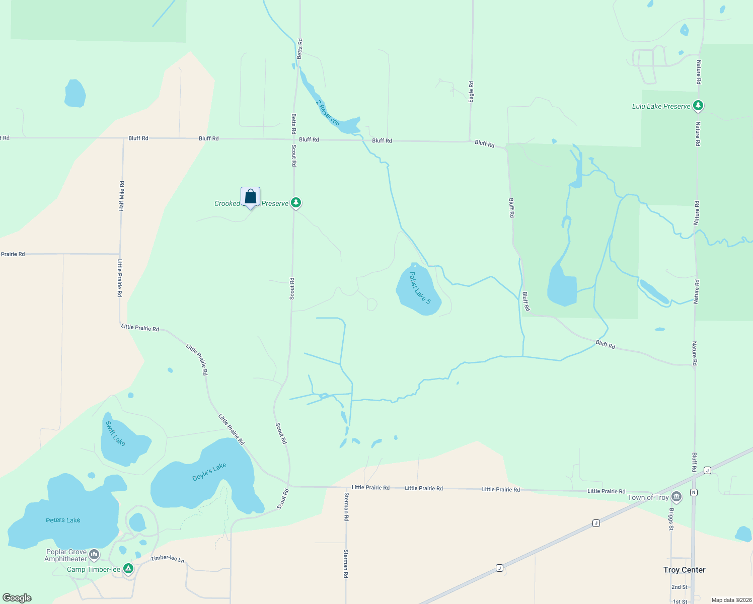 map of restaurants, bars, coffee shops, grocery stores, and more near W3895 Timber Lake Road in East Troy