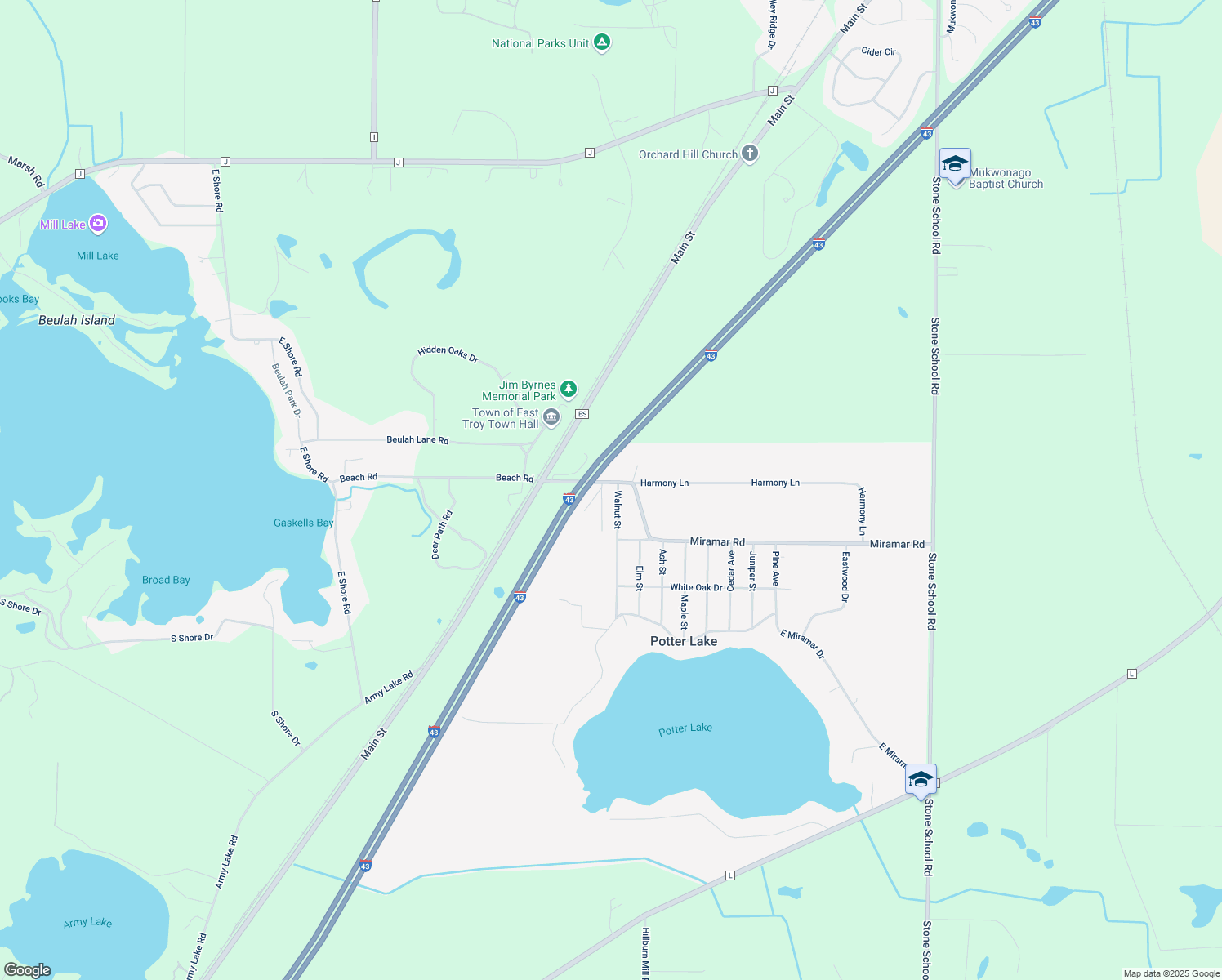 map of restaurants, bars, coffee shops, grocery stores, and more near W1051 Miramar Rd in East Troy