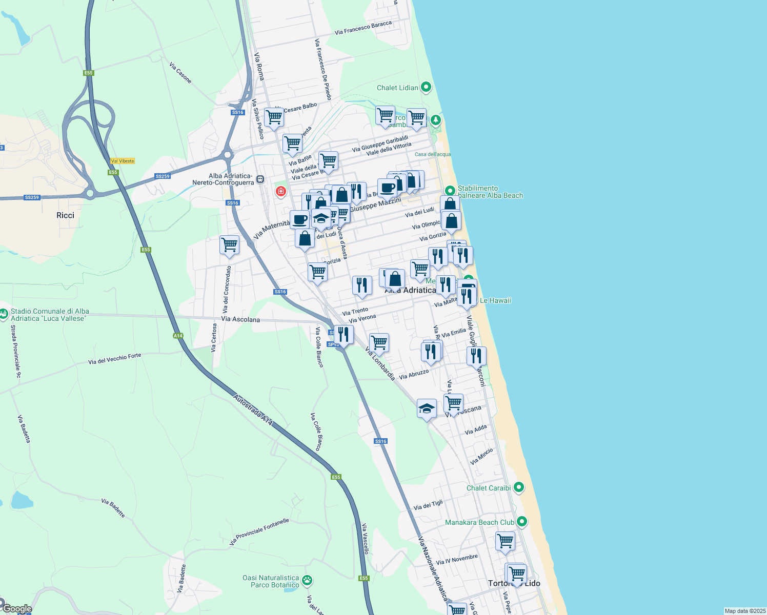 map of restaurants, bars, coffee shops, grocery stores, and more near 45 Via Trento in Alba Adriatica