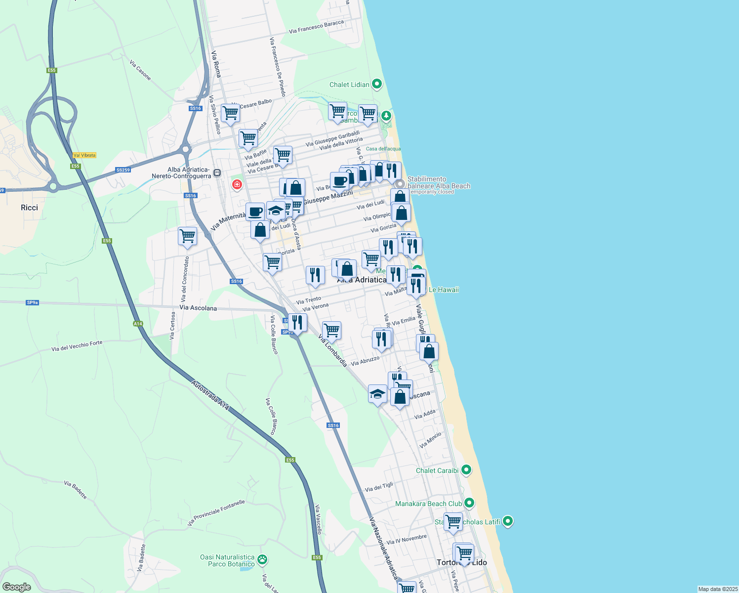map of restaurants, bars, coffee shops, grocery stores, and more near 11 Via Legnano in Alba Adriatica