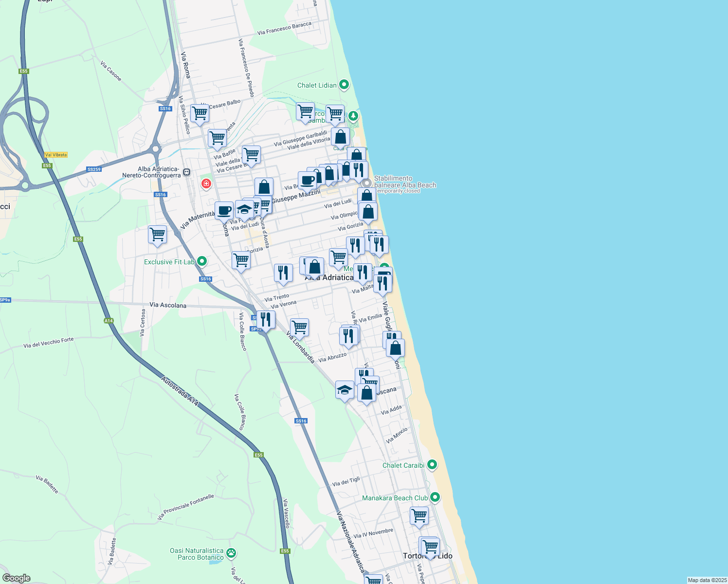 map of restaurants, bars, coffee shops, grocery stores, and more near 9 Via Malta in Alba Adriatica