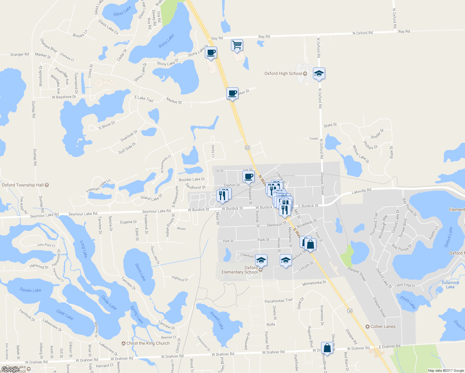 map of restaurants, bars, coffee shops, grocery stores, and more near 64 Dayton Street in Oakland County
