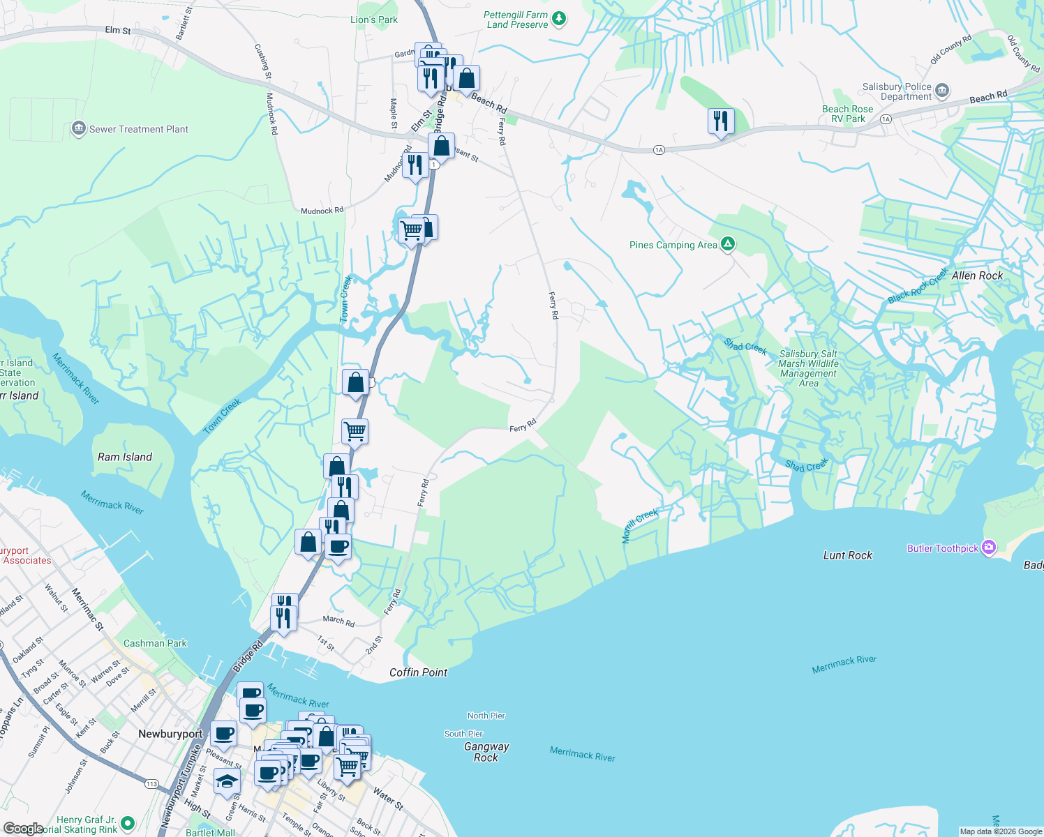 map of restaurants, bars, coffee shops, grocery stores, and more near 86 Ferry Rd in Salisbury