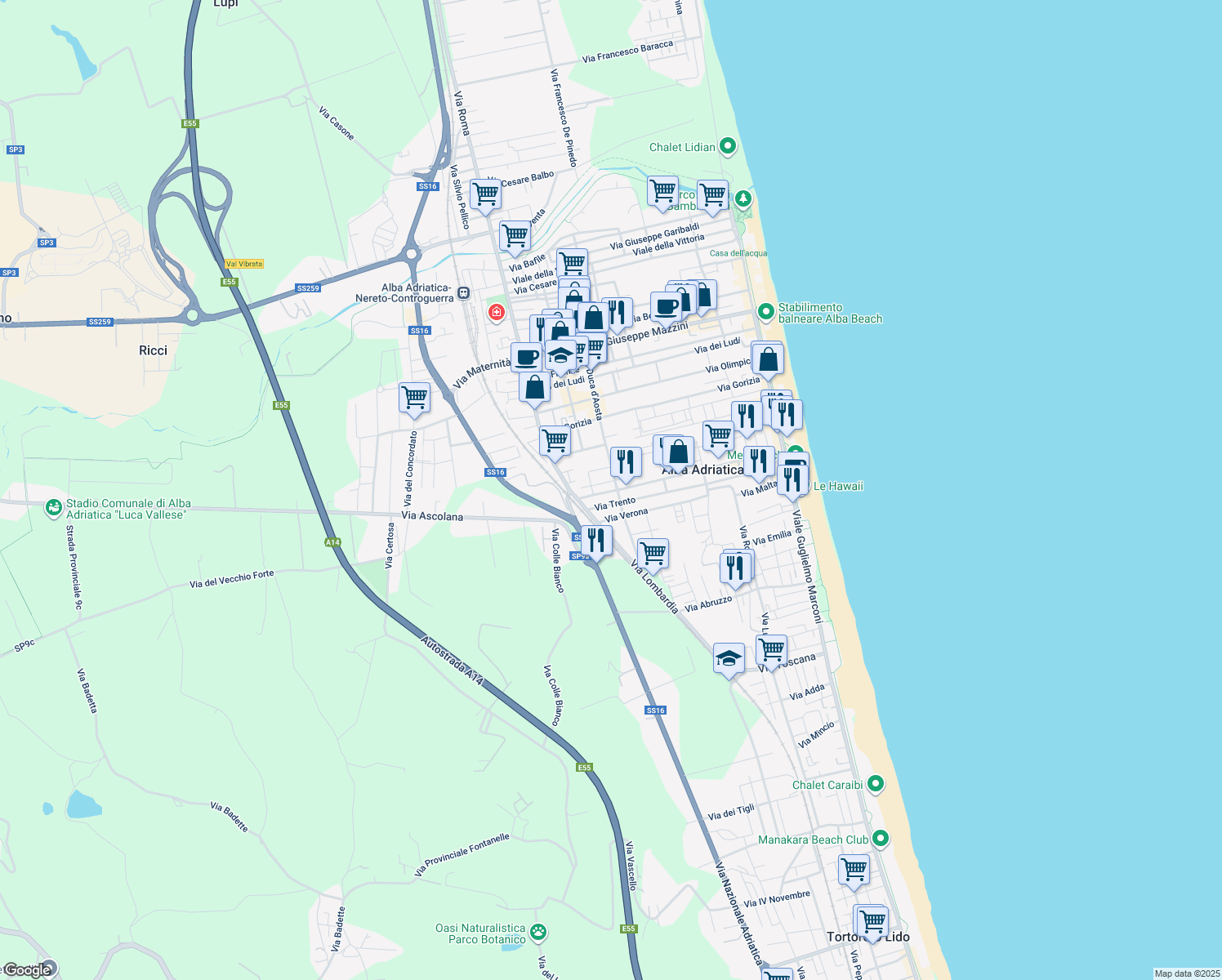 map of restaurants, bars, coffee shops, grocery stores, and more near 109 Via Trieste in Alba Adriatica