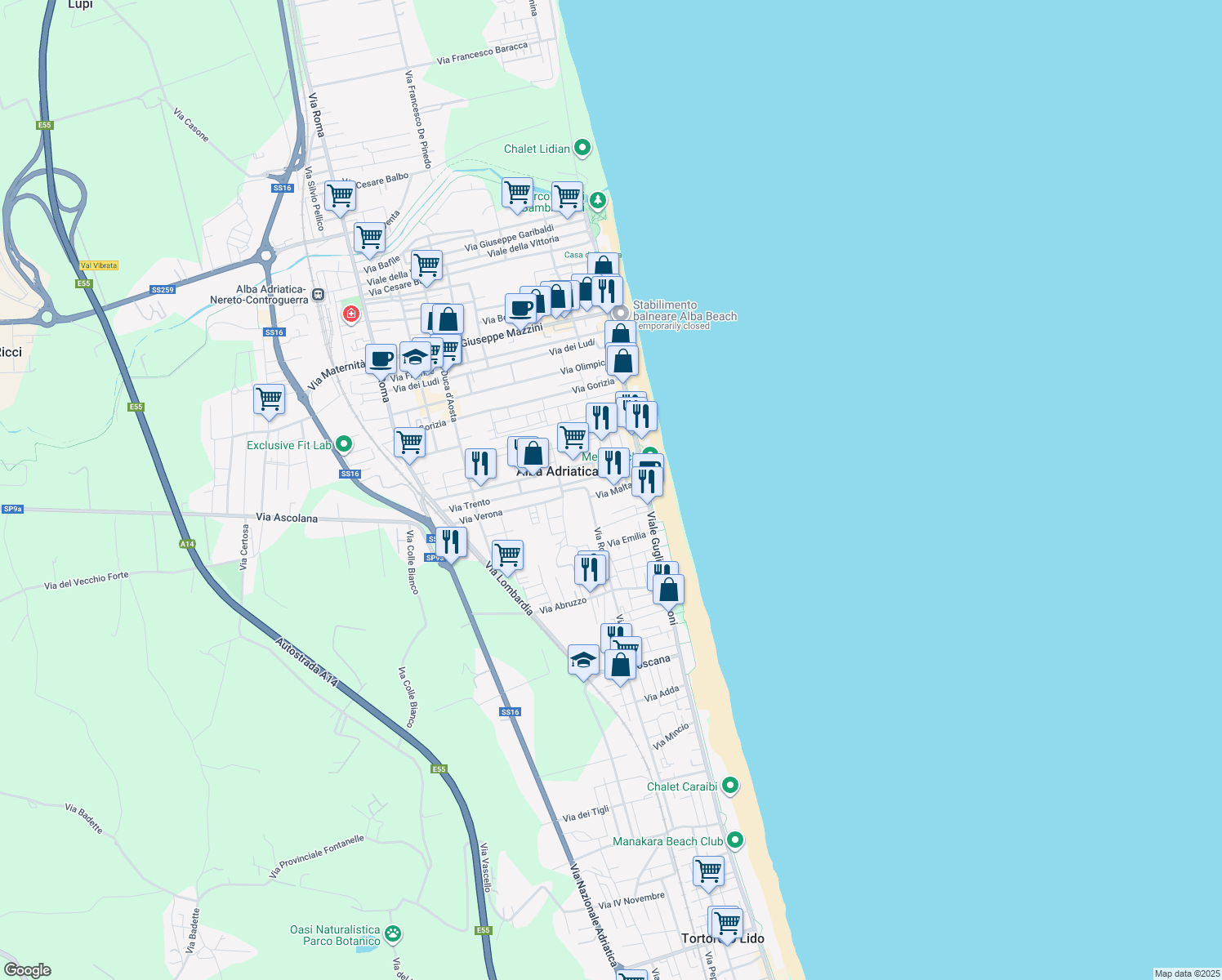map of restaurants, bars, coffee shops, grocery stores, and more near 9 Via Malta in Alba Adriatica