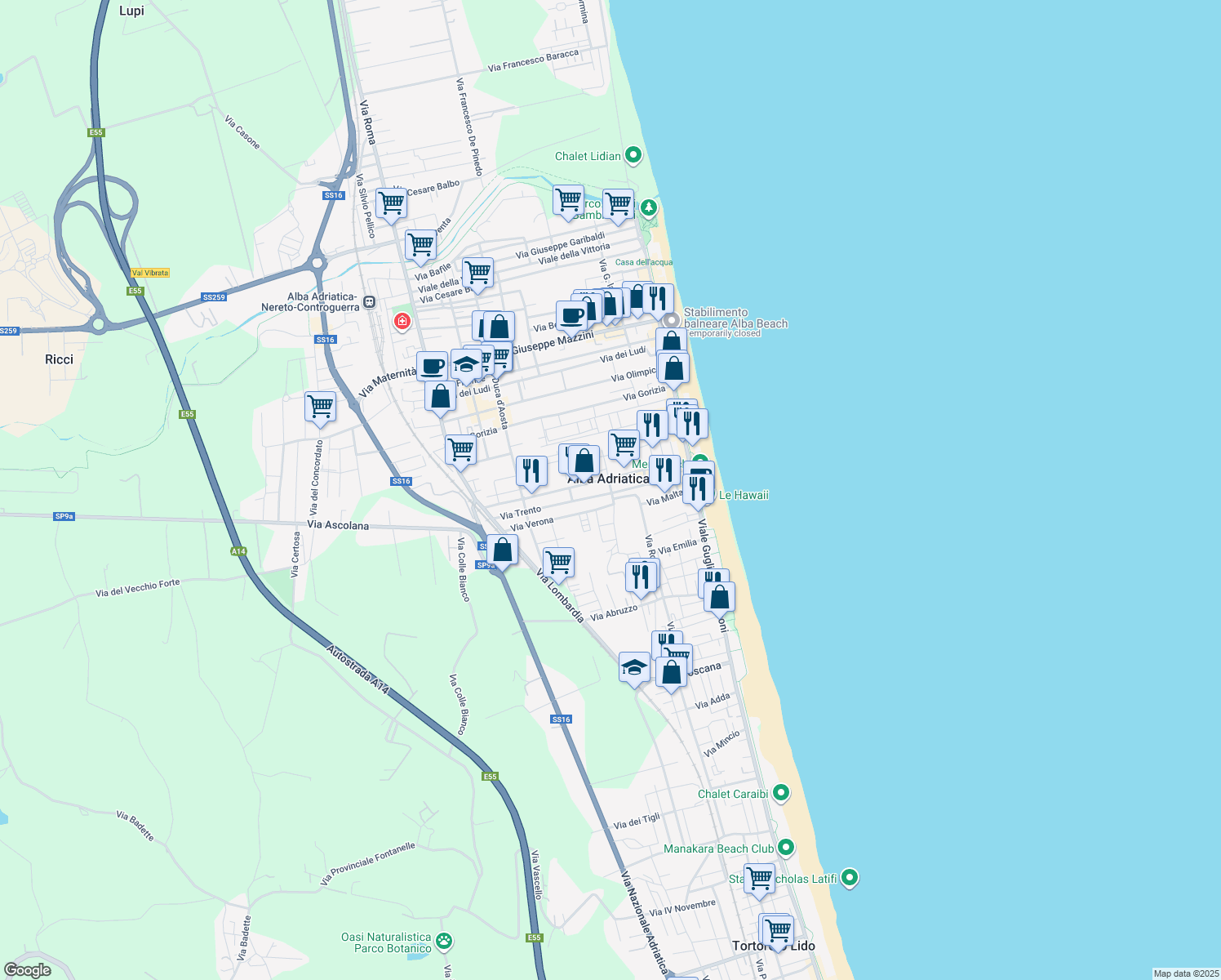 map of restaurants, bars, coffee shops, grocery stores, and more near 11 Via Legnano in Alba Adriatica
