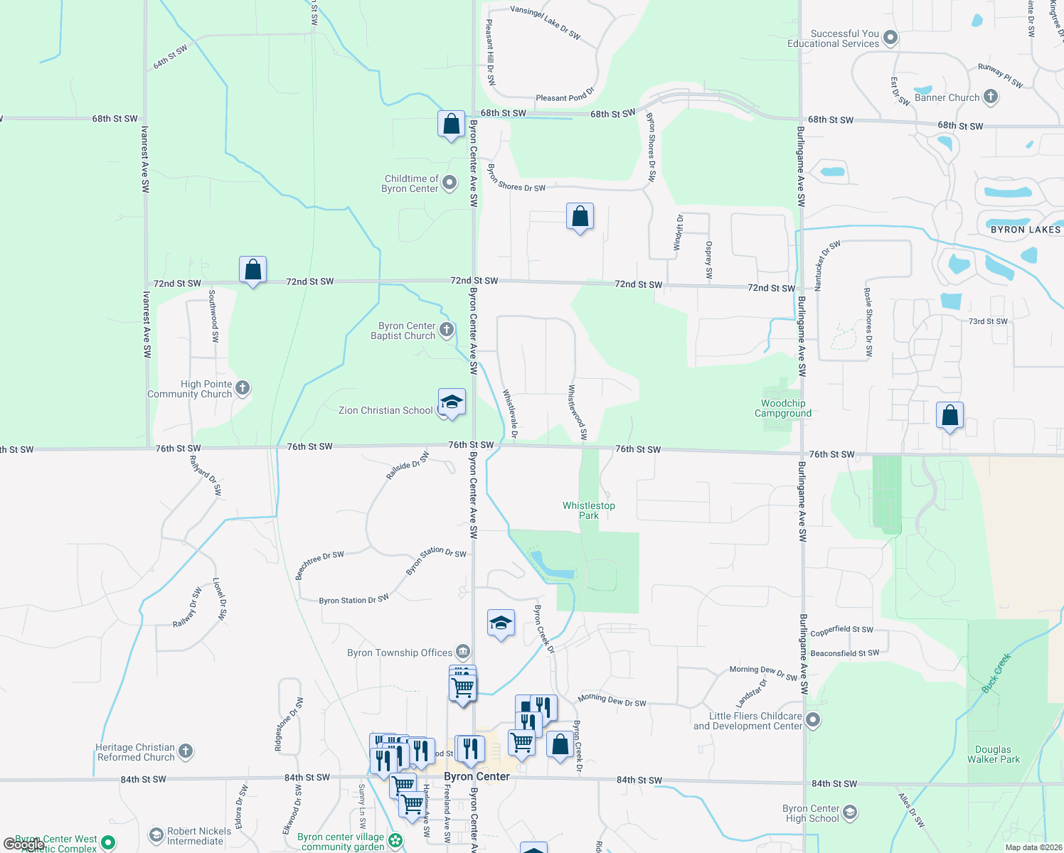 map of restaurants, bars, coffee shops, grocery stores, and more near 2272 Whistlevale Court in Byron Center