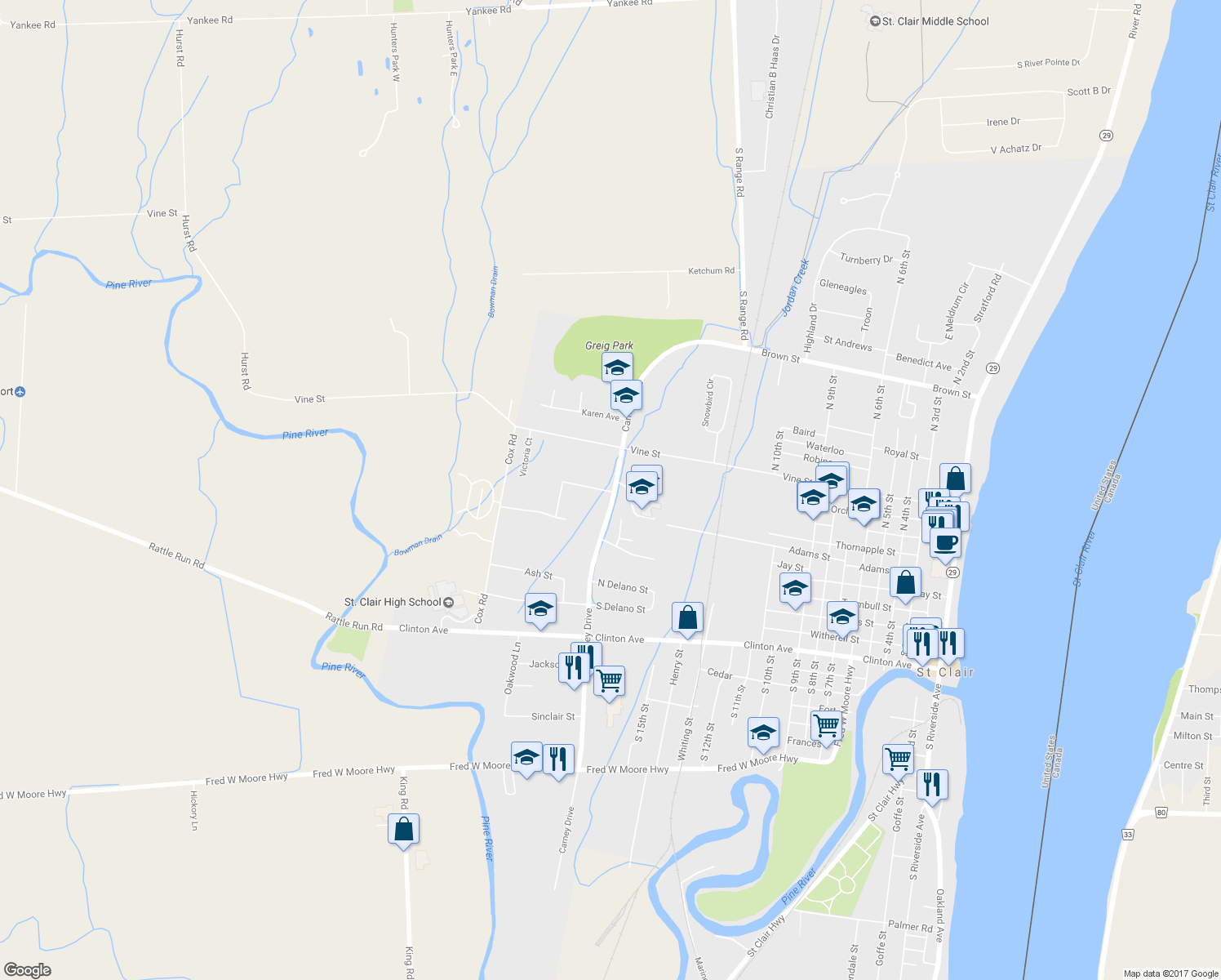 map of restaurants, bars, coffee shops, grocery stores, and more near 215 North Carney Drive in Saint Clair