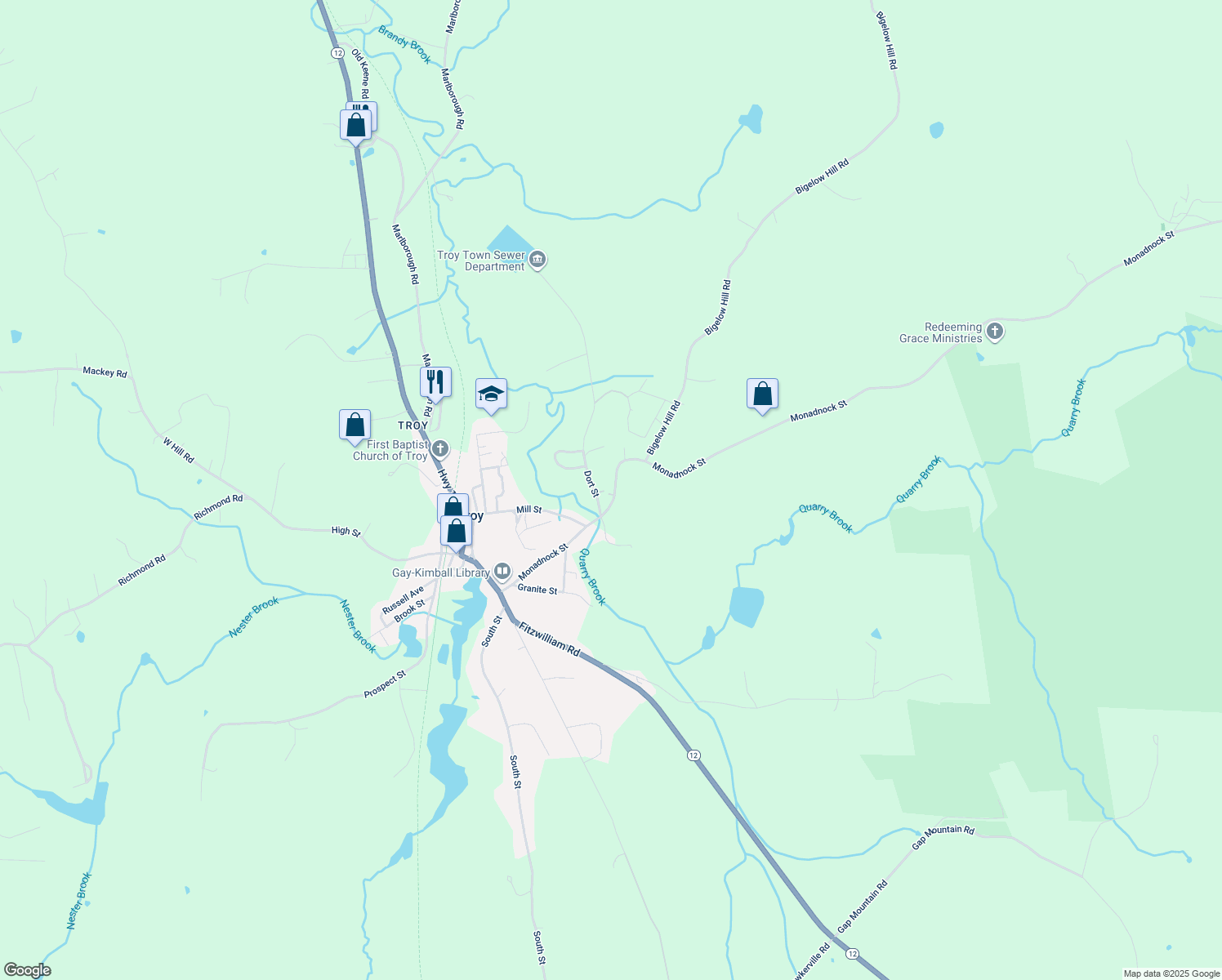 map of restaurants, bars, coffee shops, grocery stores, and more near 84 Monadnock Street in Troy