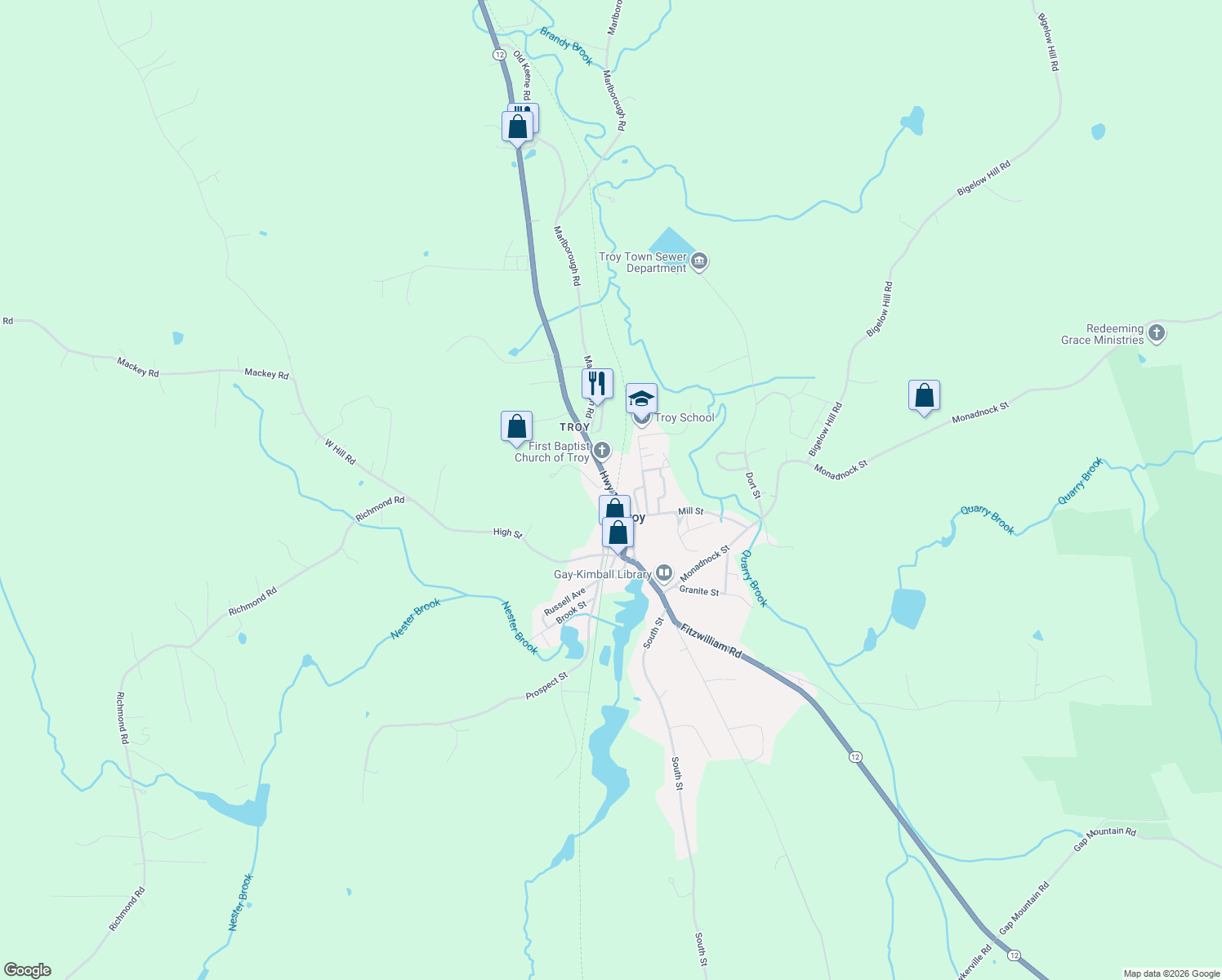 map of restaurants, bars, coffee shops, grocery stores, and more near 2 North Main Street in Troy