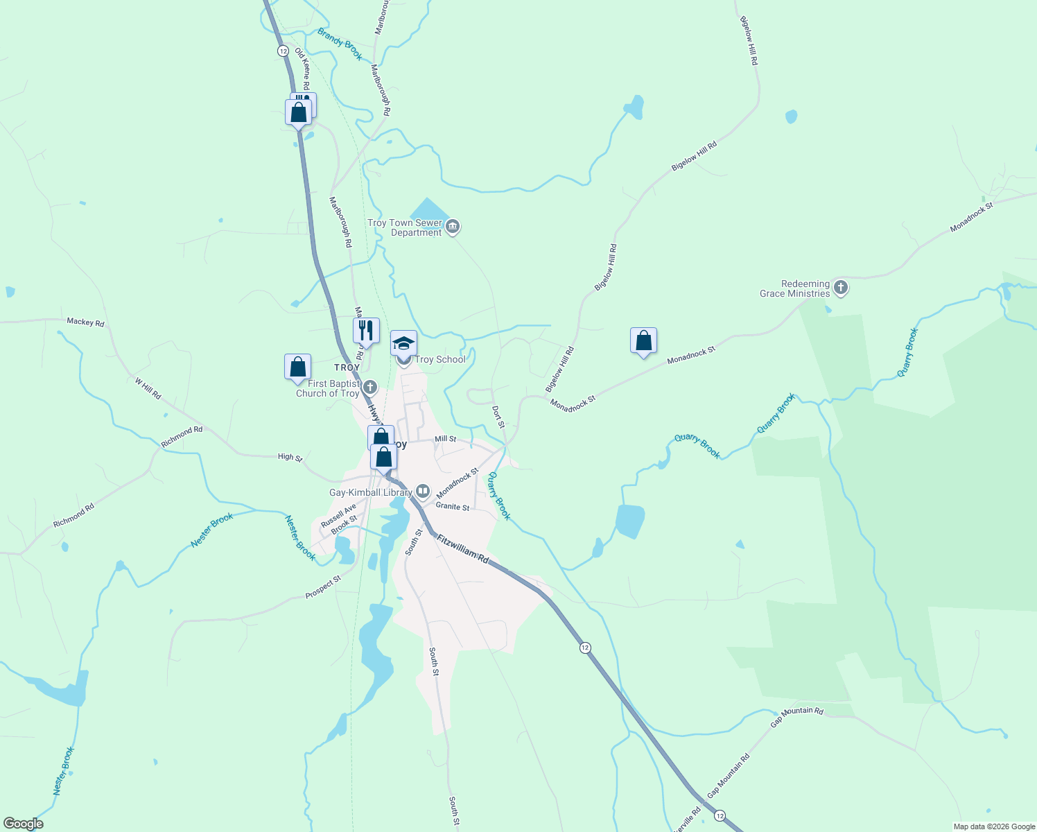 map of restaurants, bars, coffee shops, grocery stores, and more near 98 Monadnock Street in Troy