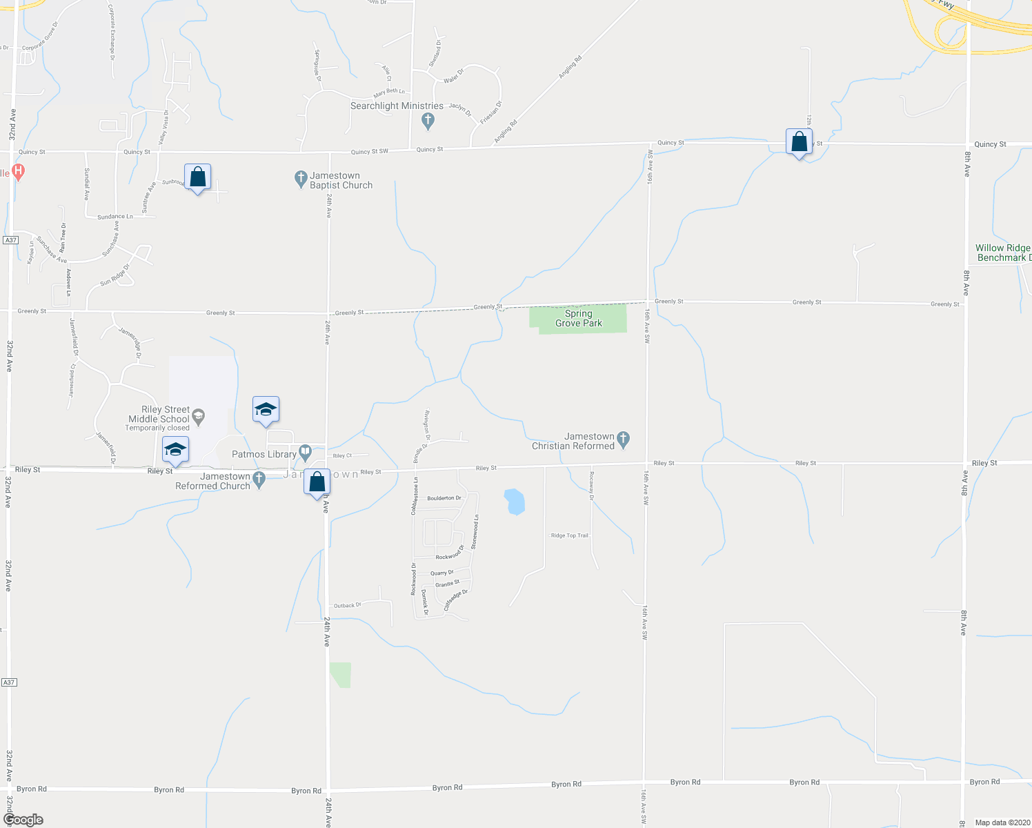 map of restaurants, bars, coffee shops, grocery stores, and more near 1921 Riley Street in Hudsonville