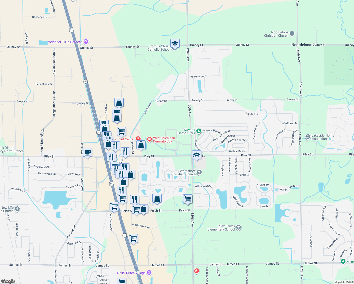 map of restaurants, bars, coffee shops, grocery stores, and more near 12100 Clearview Lane in Holland
