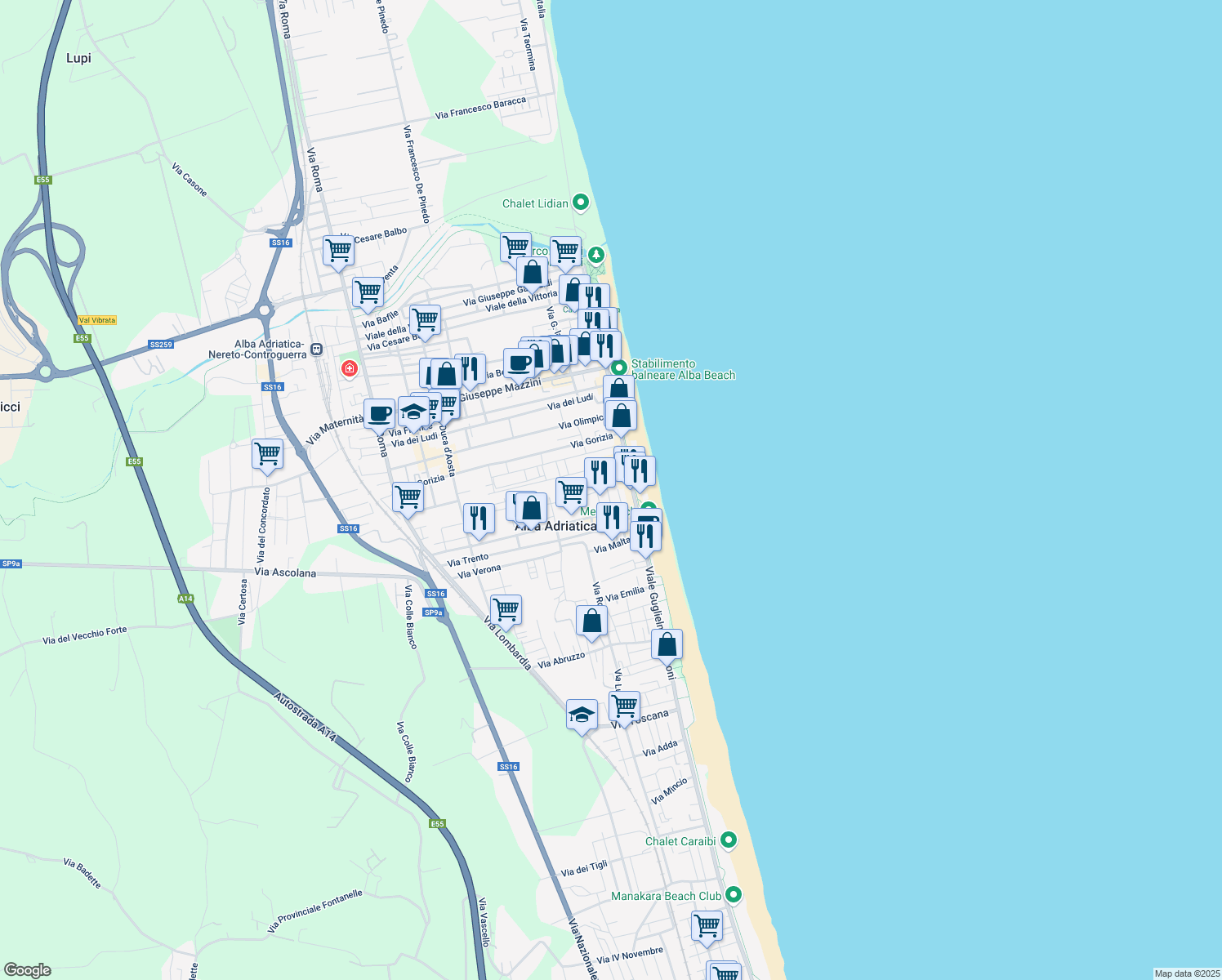 map of restaurants, bars, coffee shops, grocery stores, and more near 258 Lungomare Marconi in Alba Adriatica