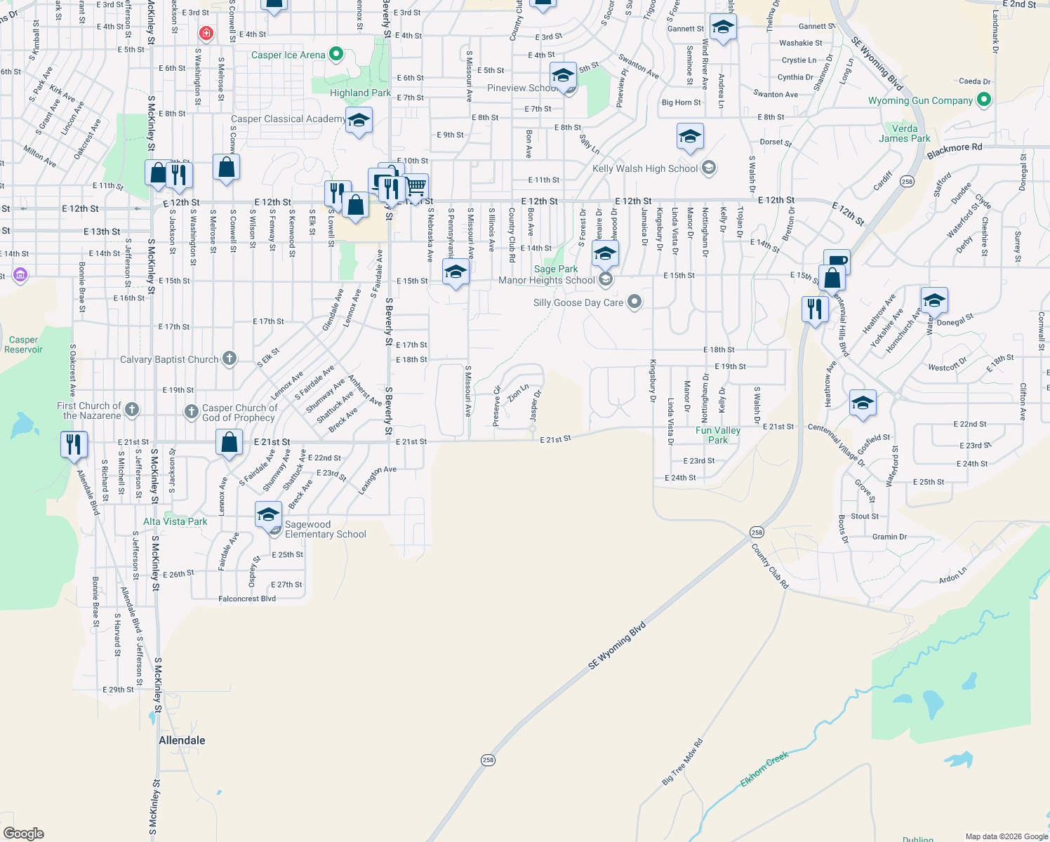 map of restaurants, bars, coffee shops, grocery stores, and more near 2079 Preserve Circle in Casper
