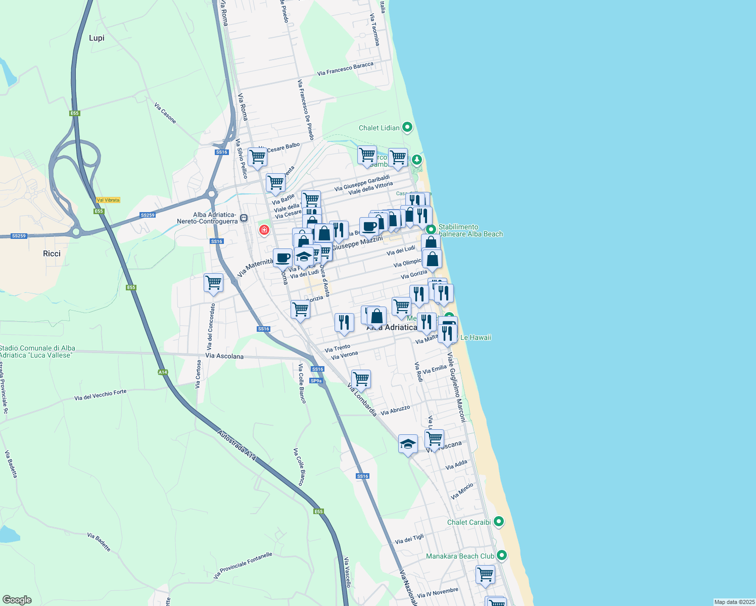 map of restaurants, bars, coffee shops, grocery stores, and more near 27 Via Rovigo in Alba Adriatica