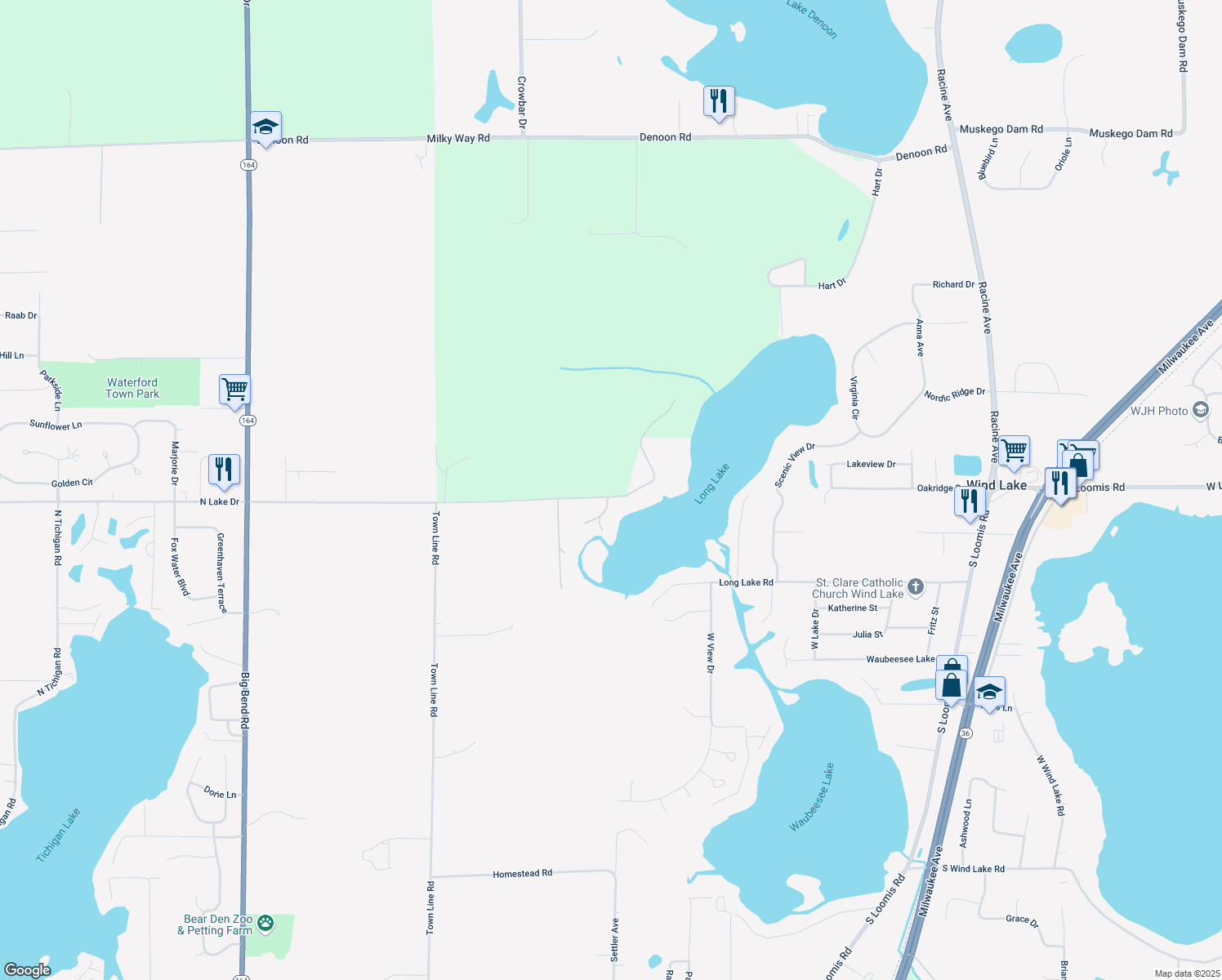map of restaurants, bars, coffee shops, grocery stores, and more near 27501 N Lake Dr in Waterford